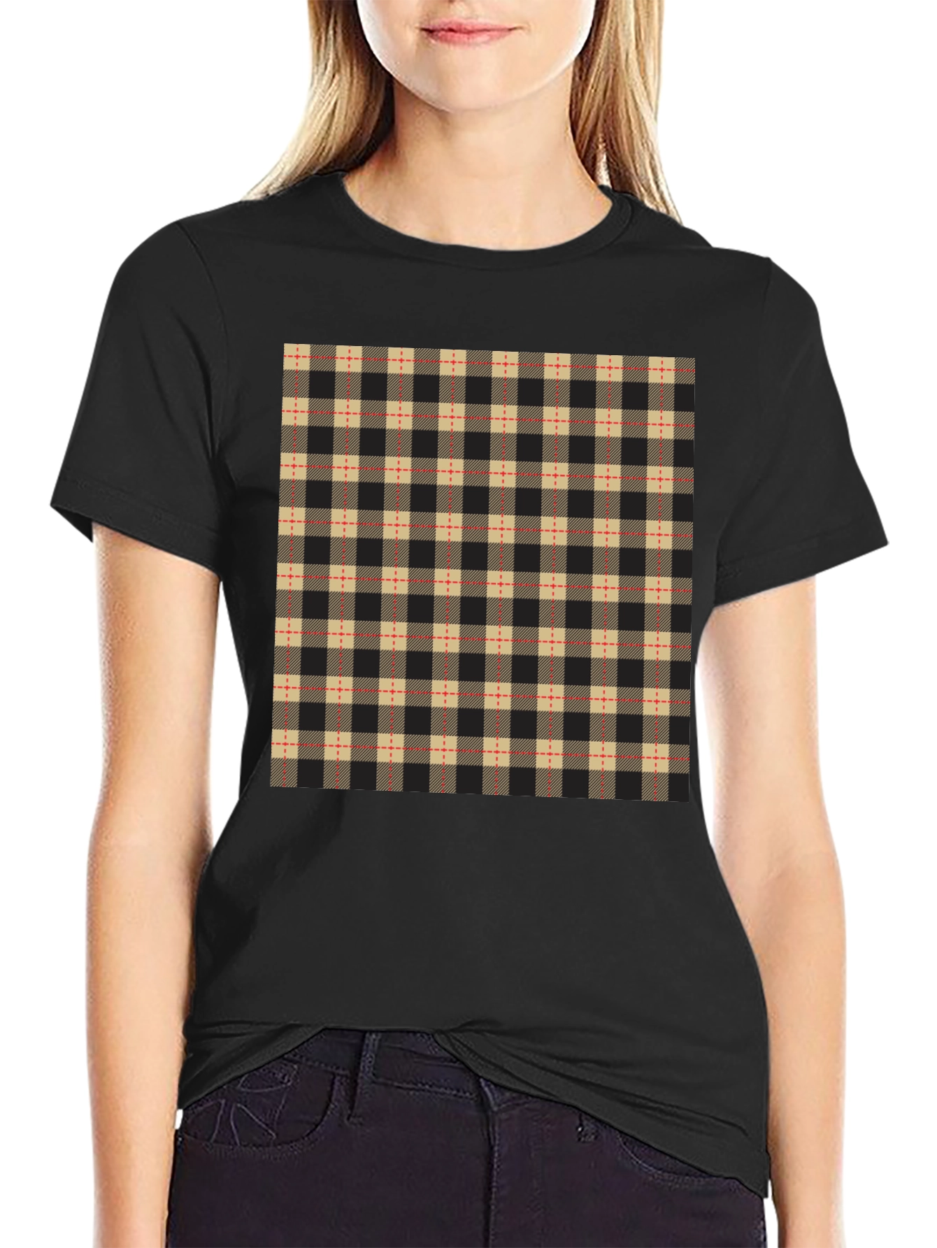 Plaid Pattern Black Casual T-Shirt