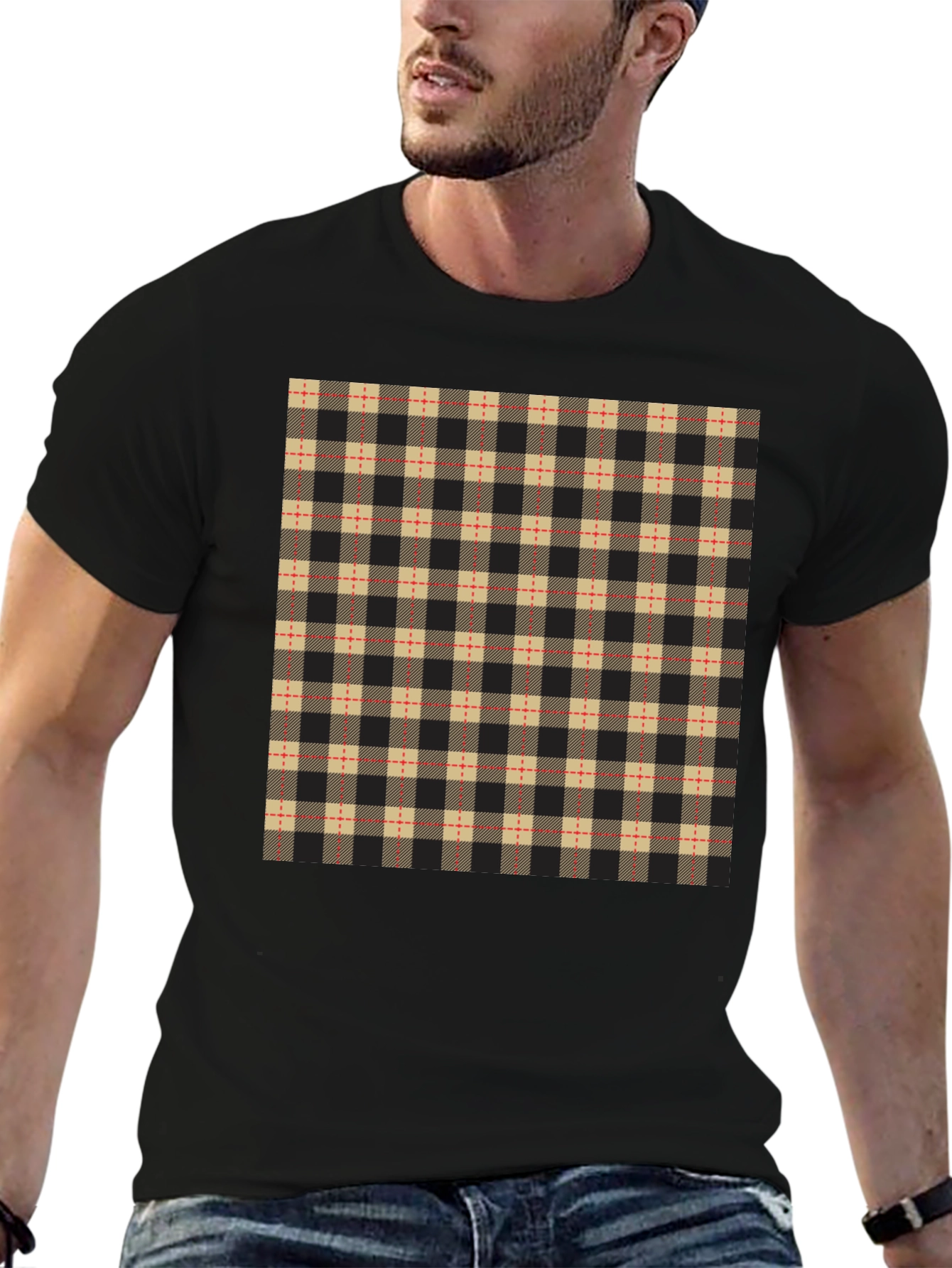 Plaid Pattern Black Casual T-Shirt