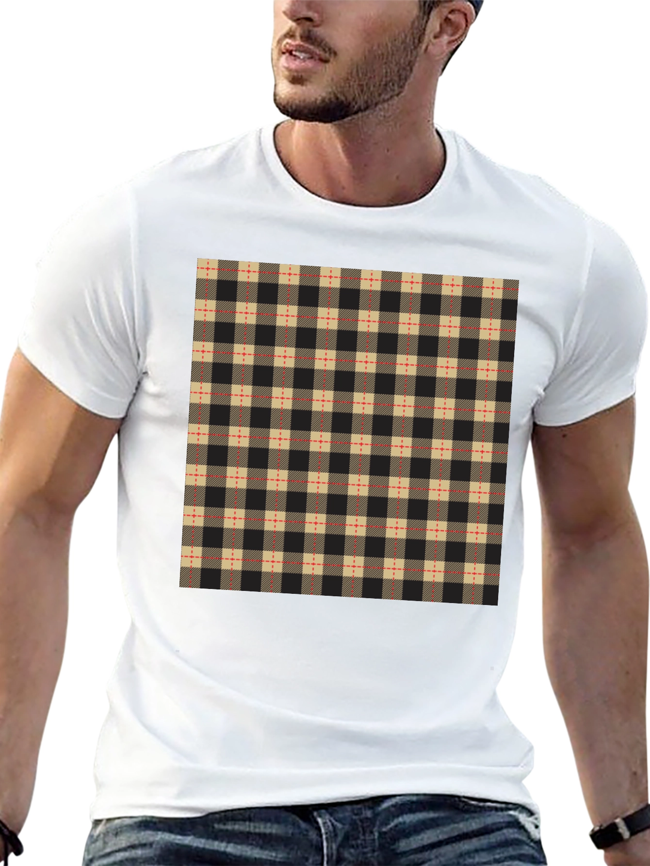 Plaid Pattern Black Casual T-Shirt