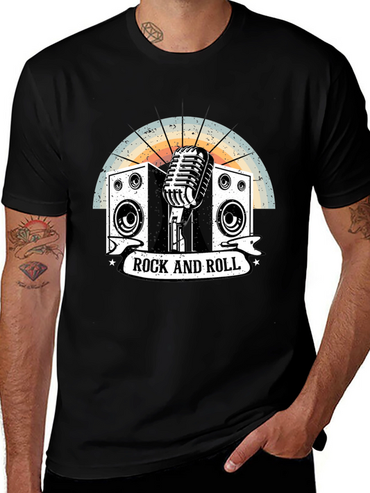 Rock and Roll Graphic Tee - Vintage Microphone & Speakers Design