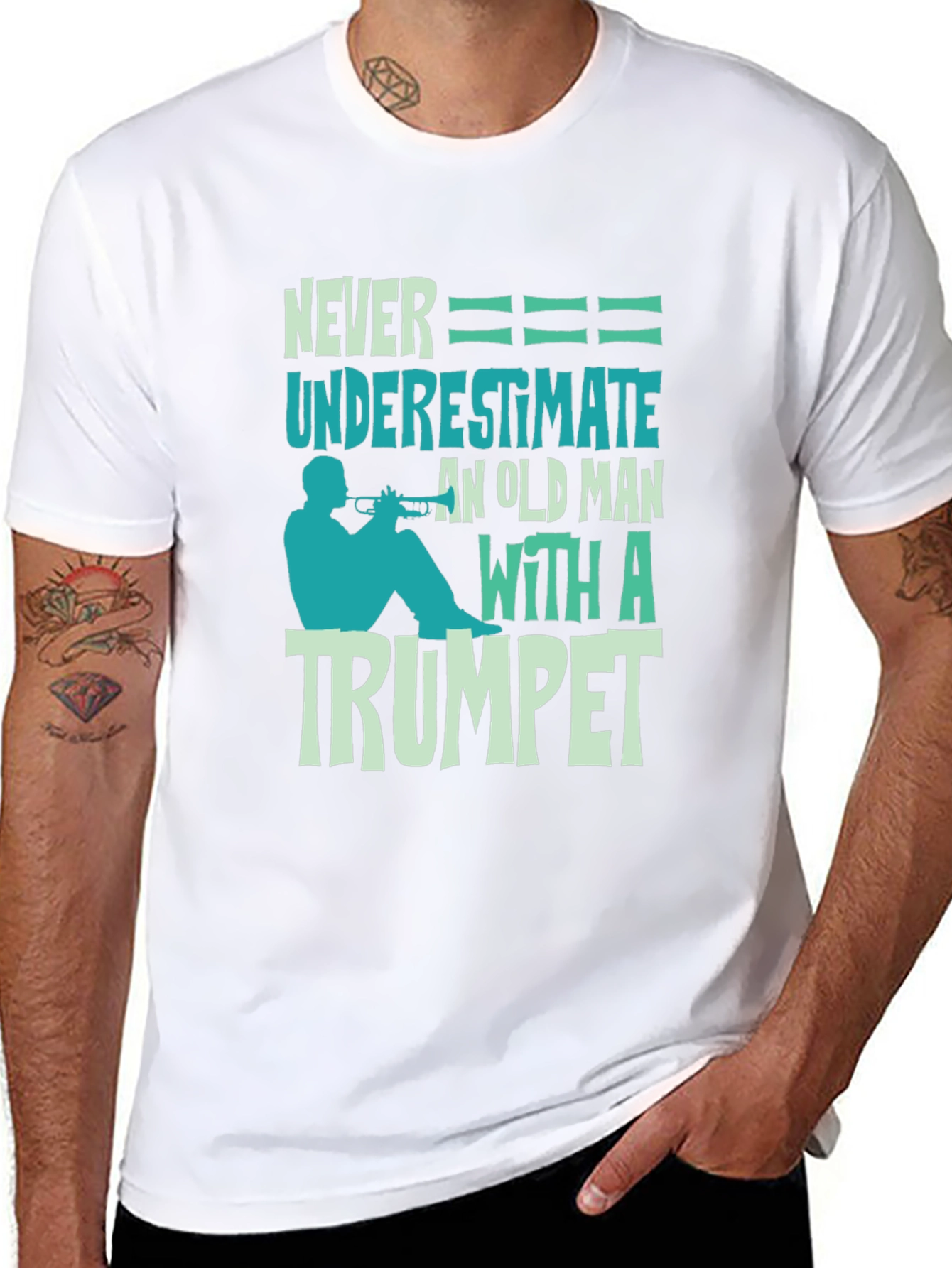 Never Underestimate Old Man with Trumpet Graphic Tee