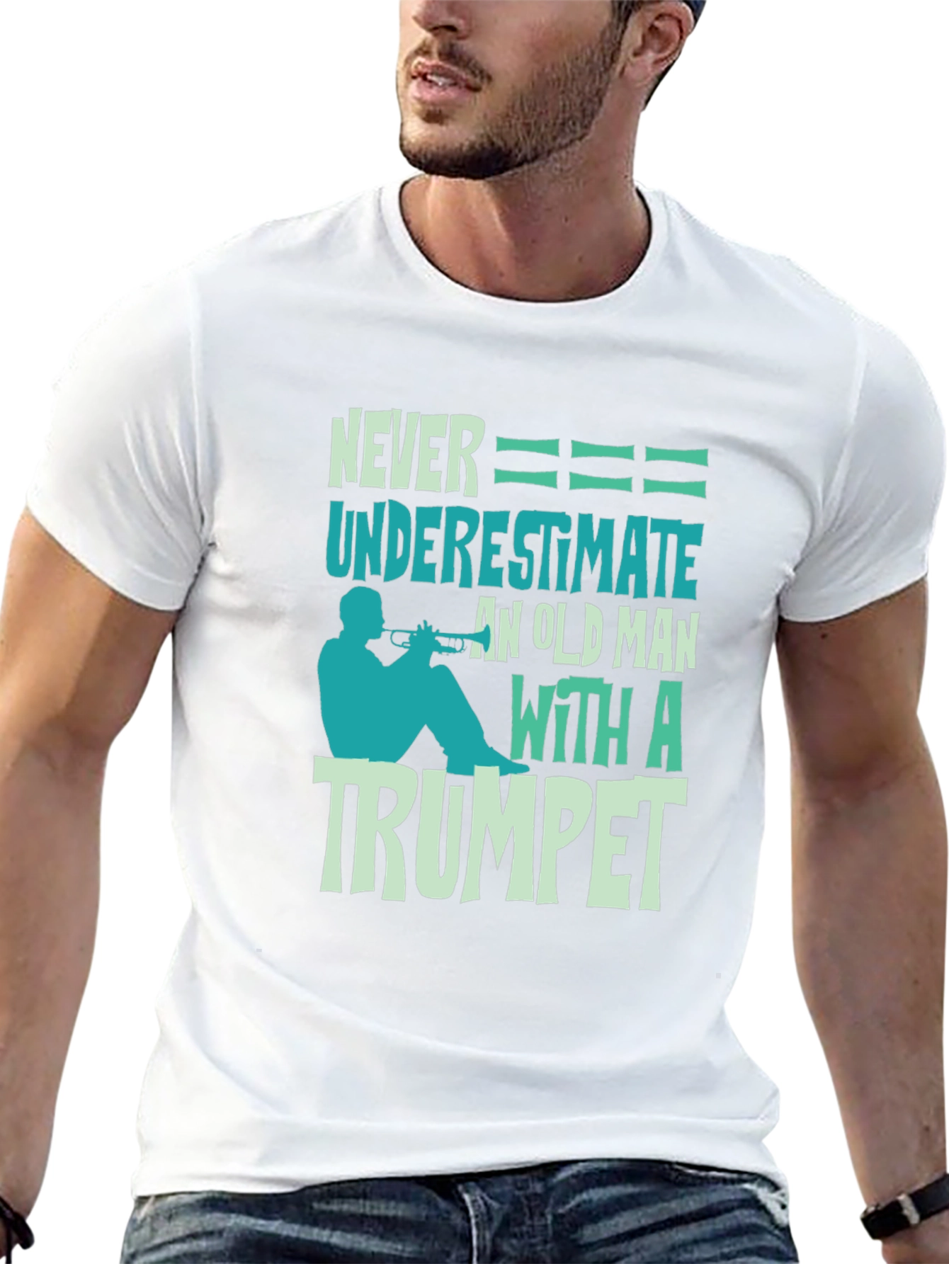 Never Underestimate Old Man with Trumpet Graphic Tee