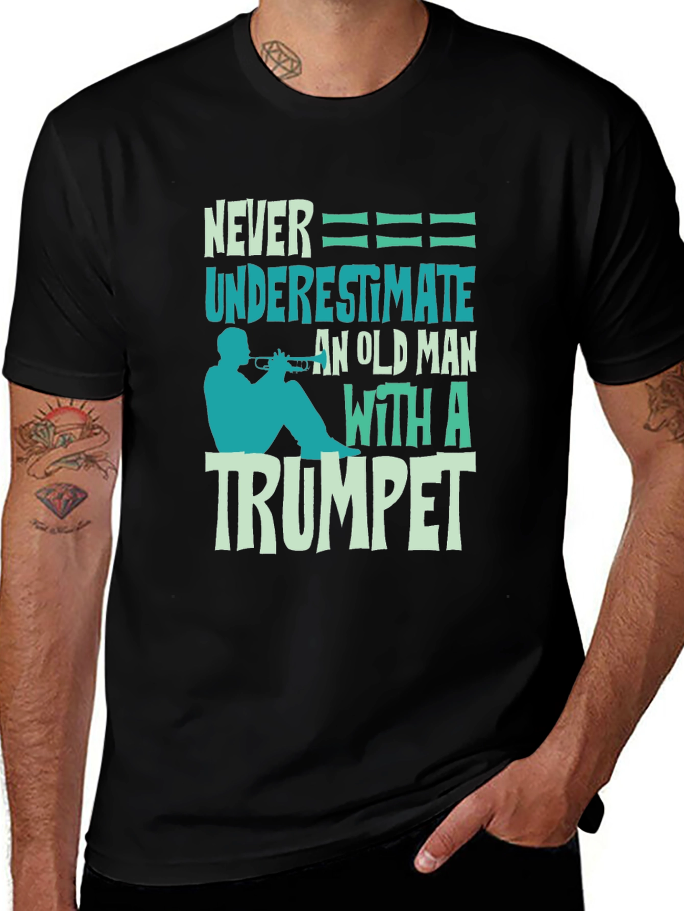 Never Underestimate Old Man with Trumpet Graphic Tee