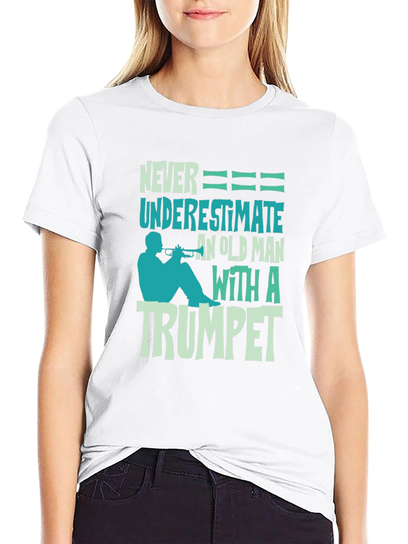Never Underestimate Old Man with Trumpet Graphic Tee