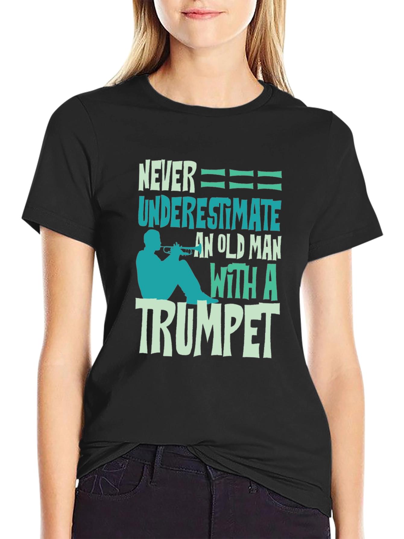 Never Underestimate Old Man with Trumpet Graphic Tee