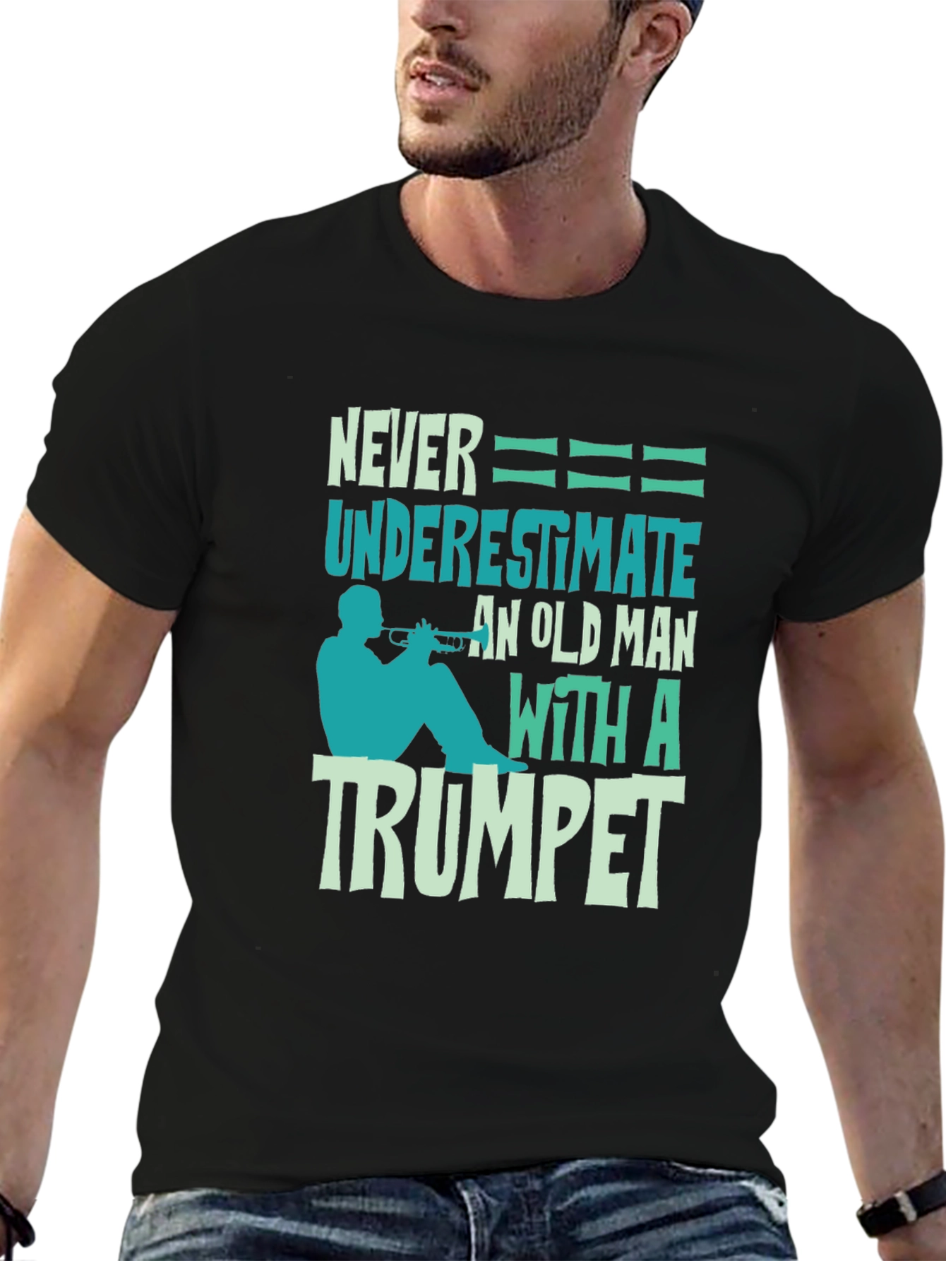 Never Underestimate Old Man with Trumpet Graphic Tee