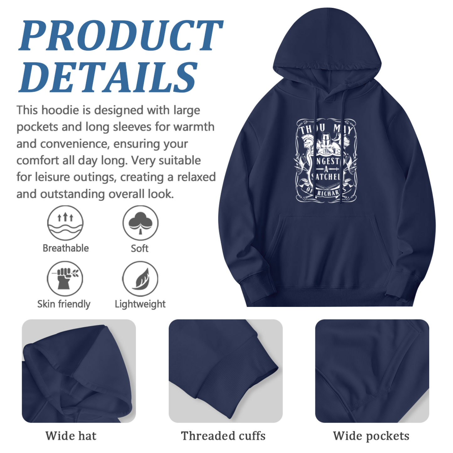 Vintage Medieval Letter Frame Navy Hoodie, Soft Loose Trendy Street Pullover
