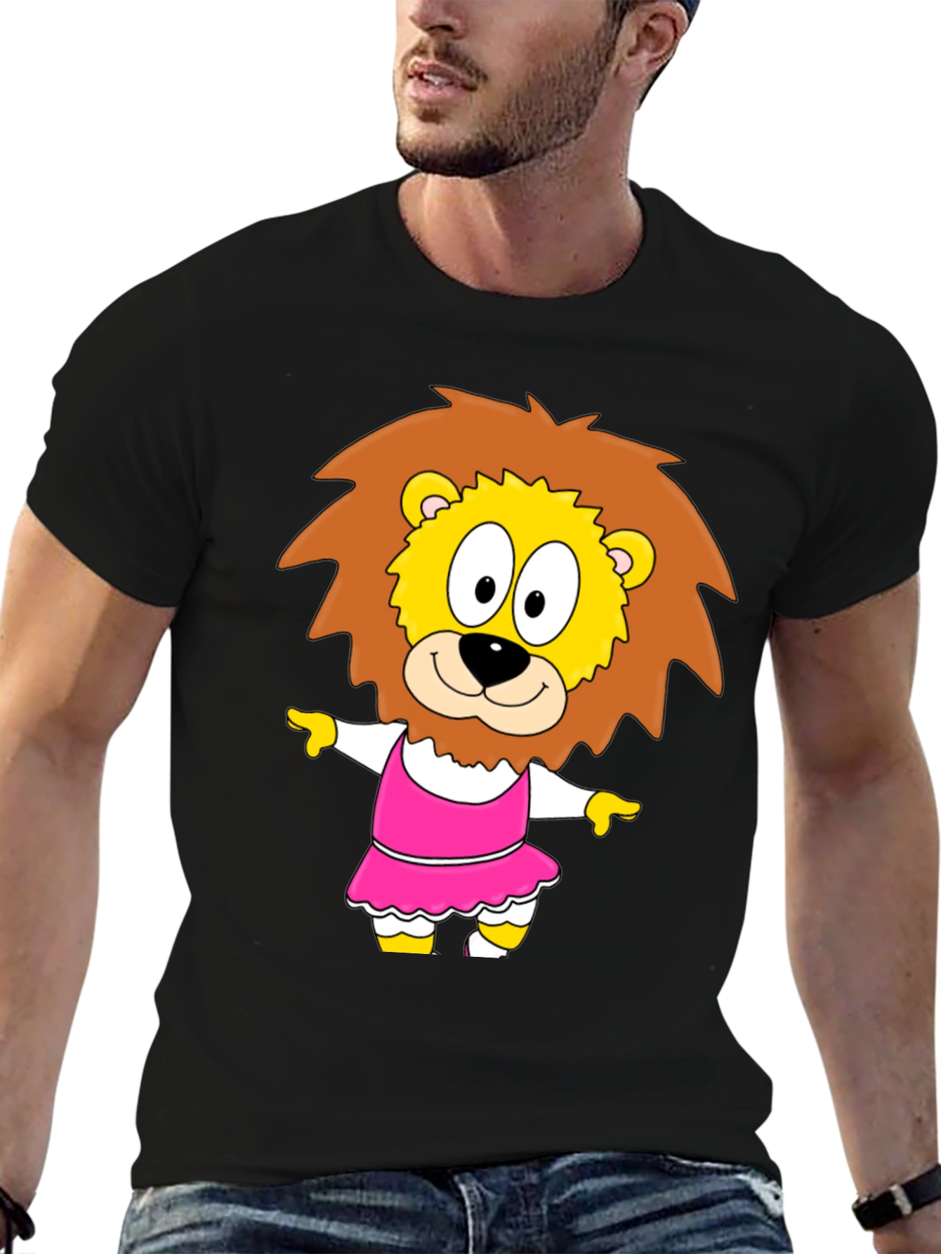 Cartoon Lion in Dress - Black T-Shirt