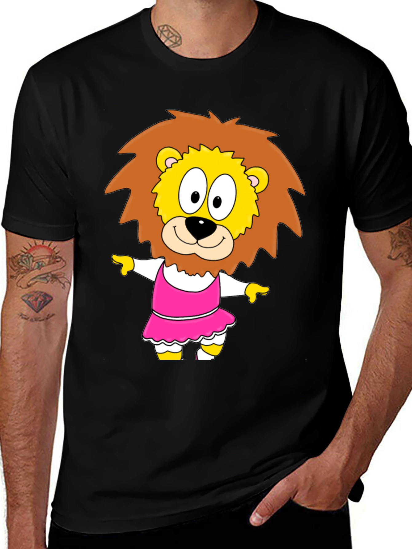 Cartoon Lion in Dress - Black T-Shirt