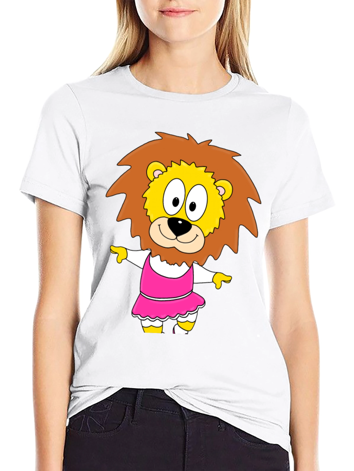 Cartoon Lion in Dress - Black T-Shirt