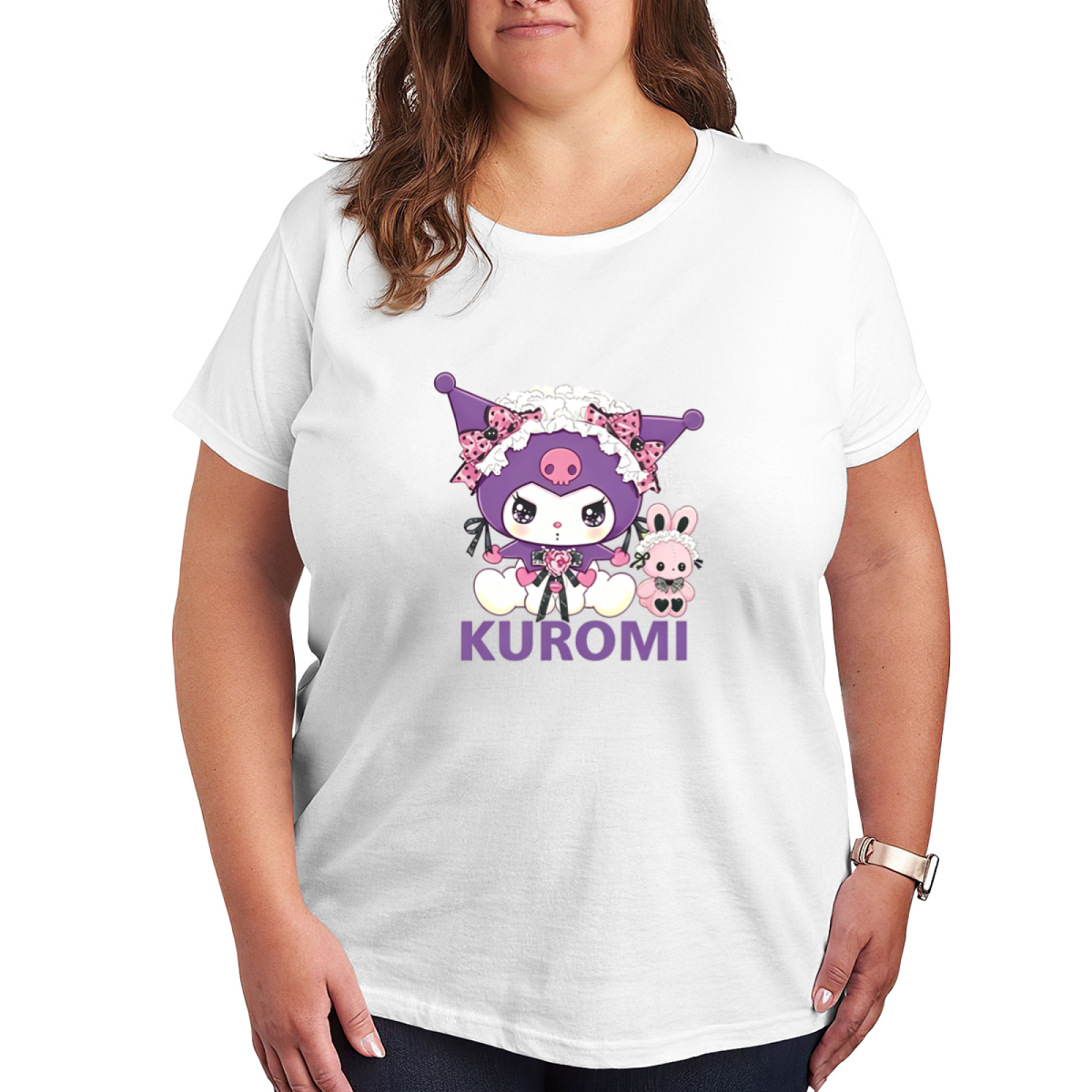 Lolita?Style Lace Kuromi Character Plus Size Women Black Graphic T?Shirt