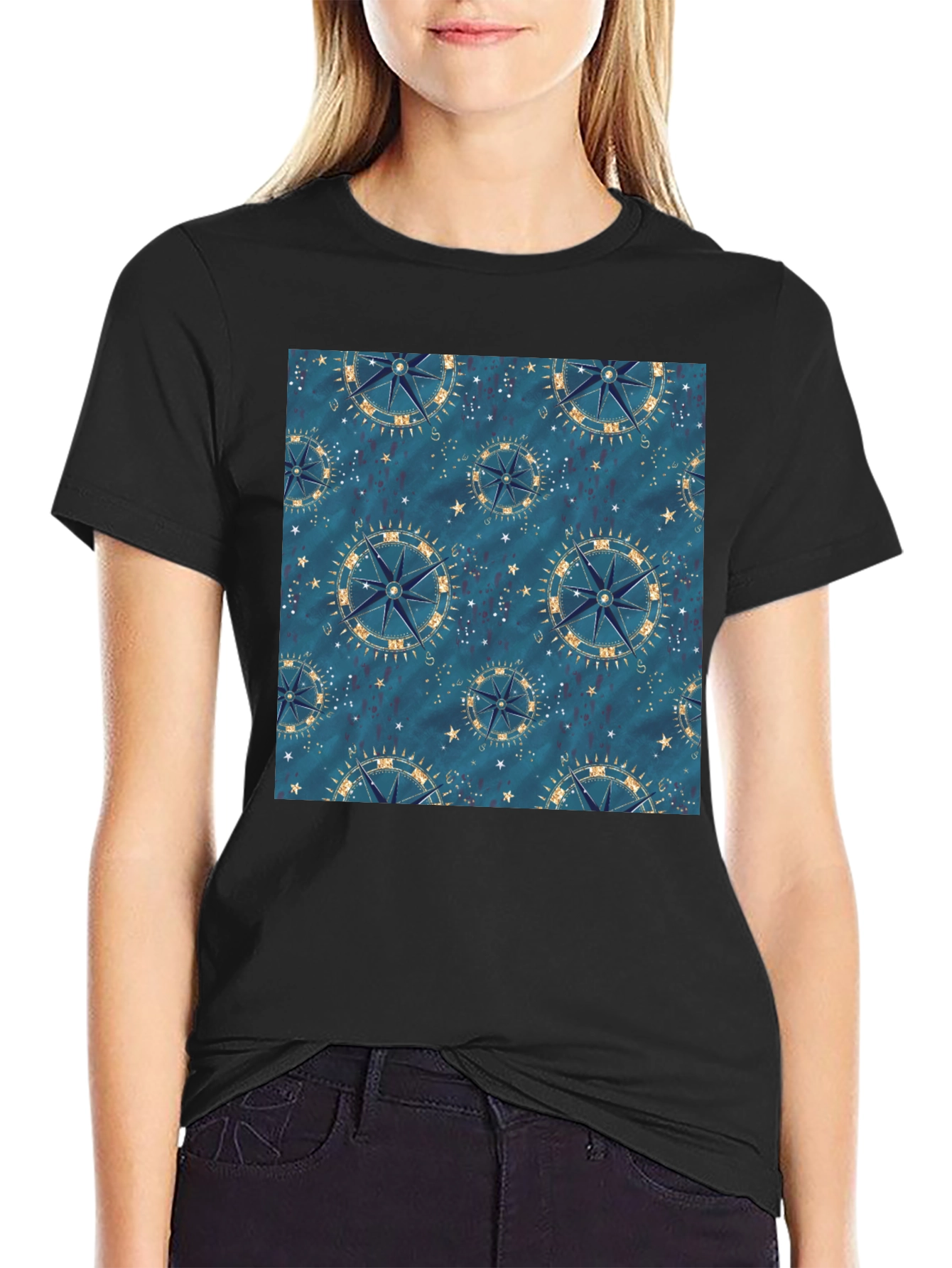 Nautical Compass Pattern Black T-Shirt