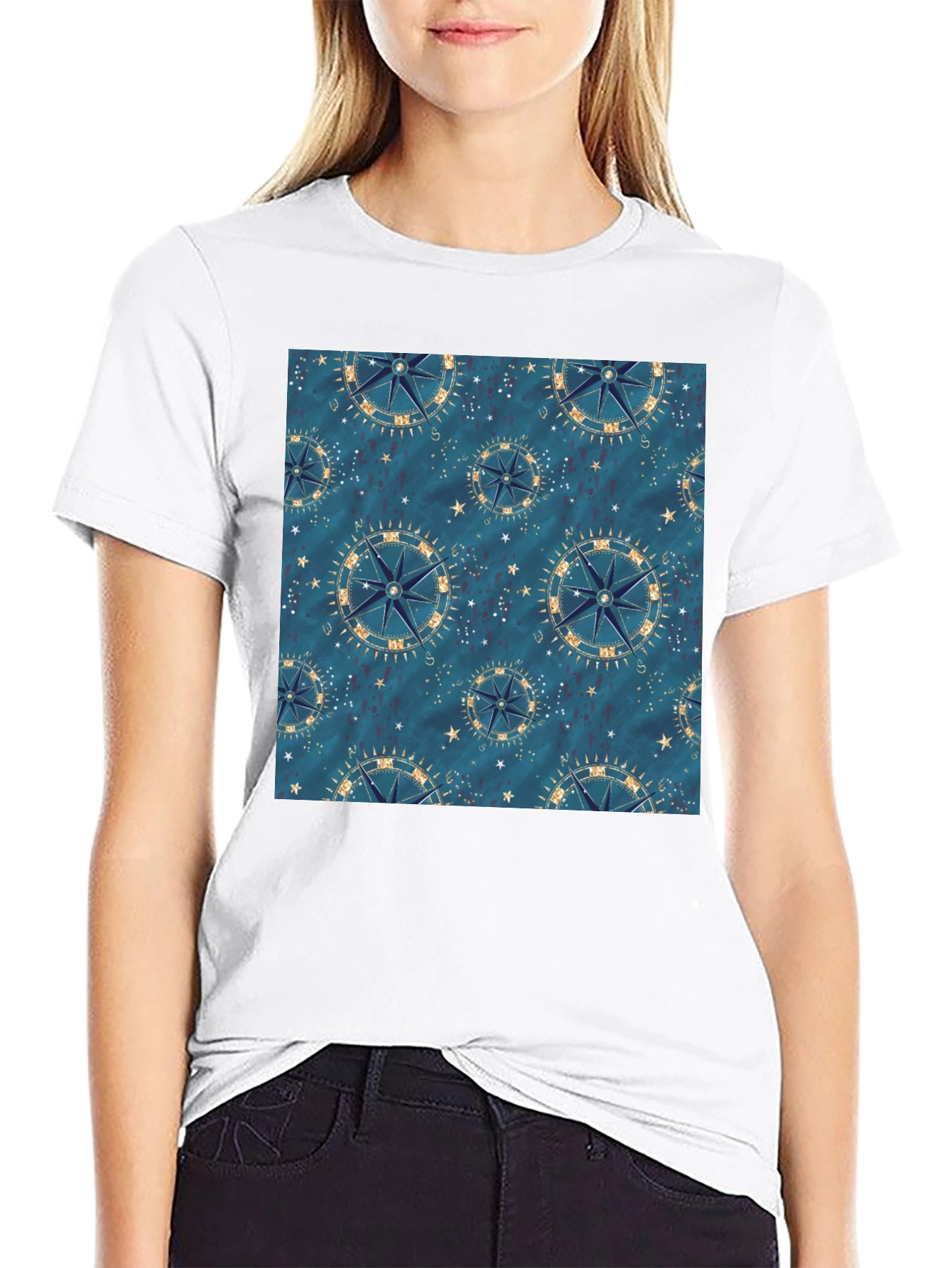 Nautical Compass Pattern Black T-Shirt