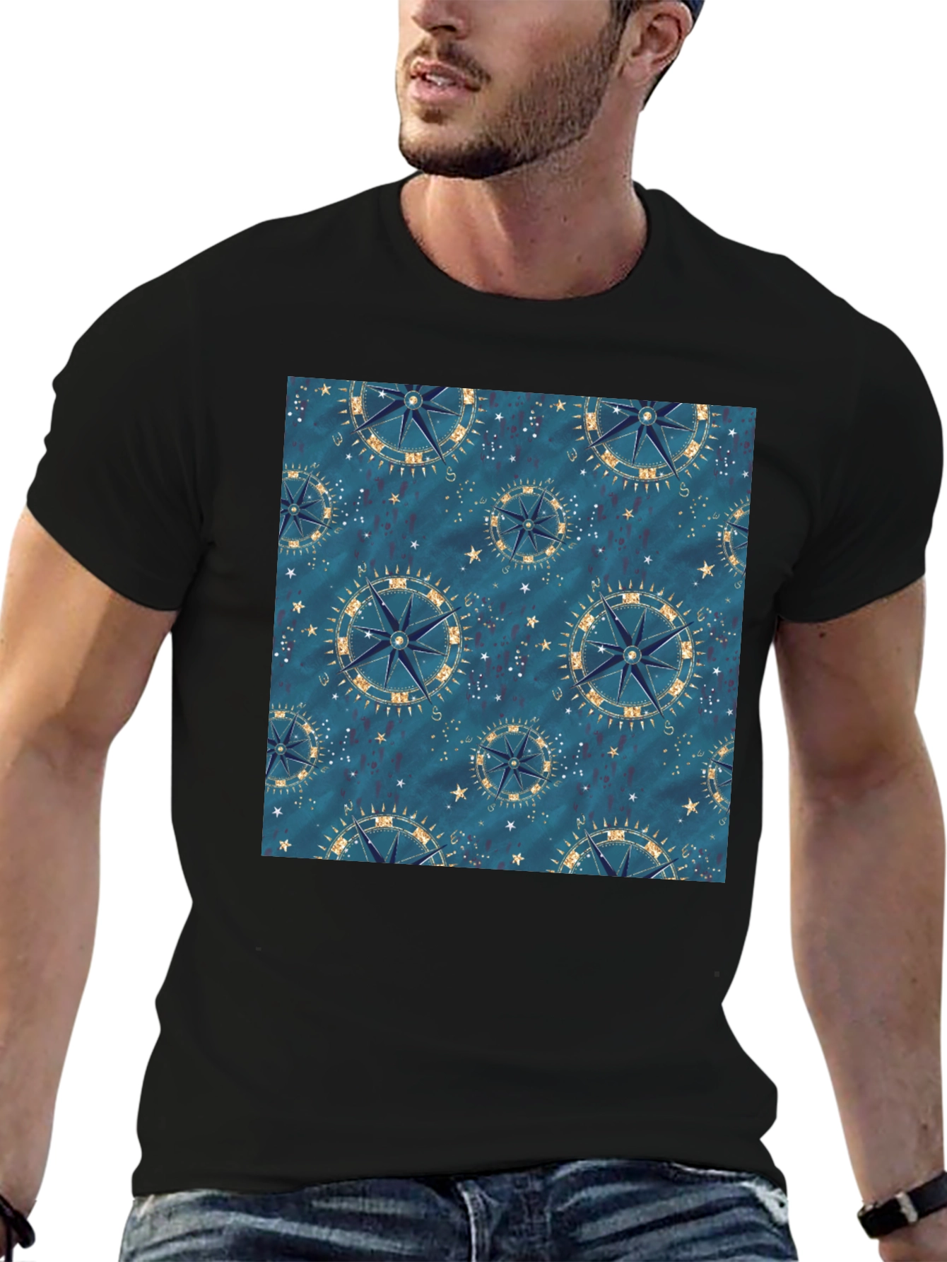 Nautical Compass Pattern Black T-Shirt