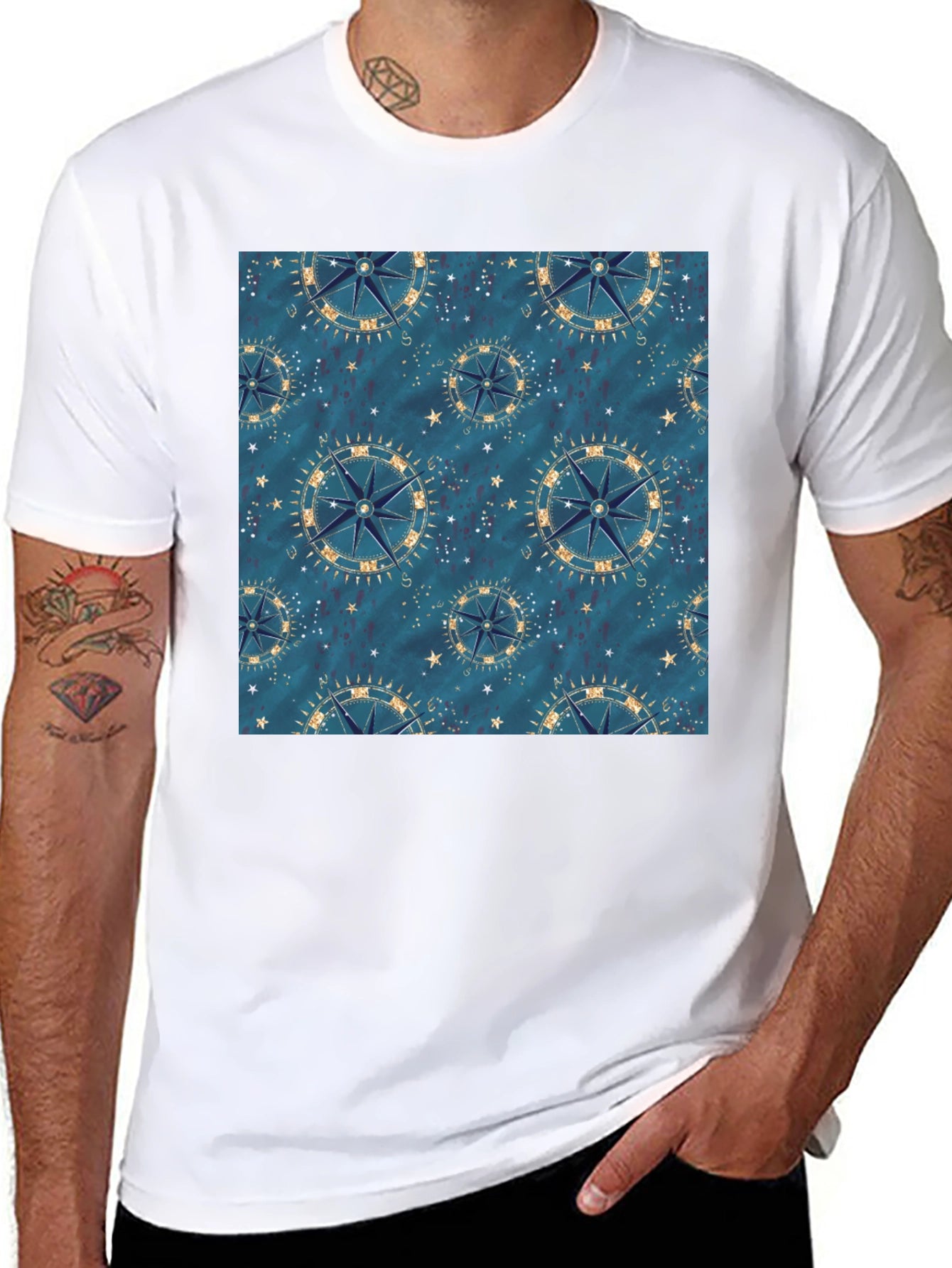 Nautical Compass Pattern Black T-Shirt