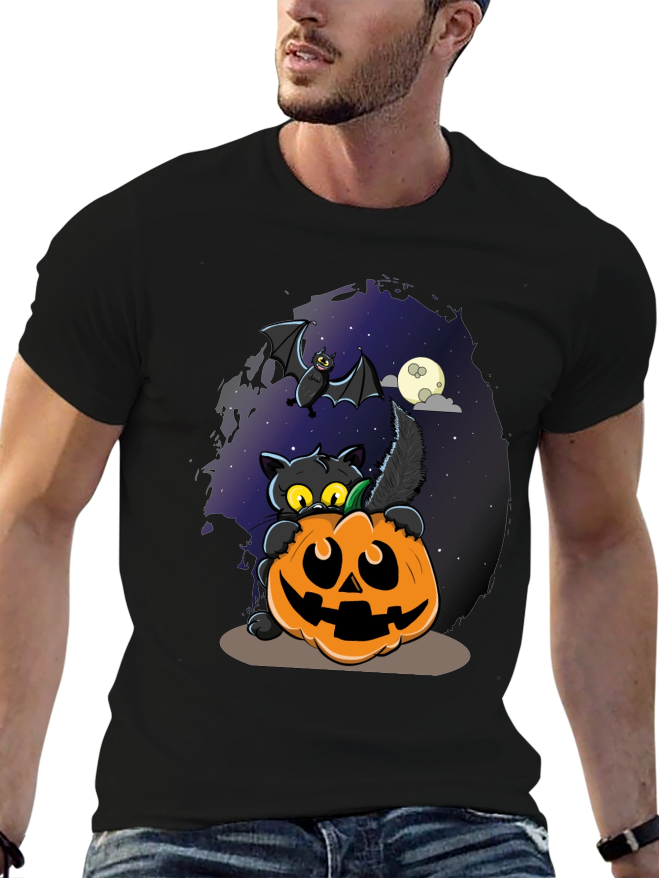 Halloween Cat & Pumpkin Graphic T-Shirt