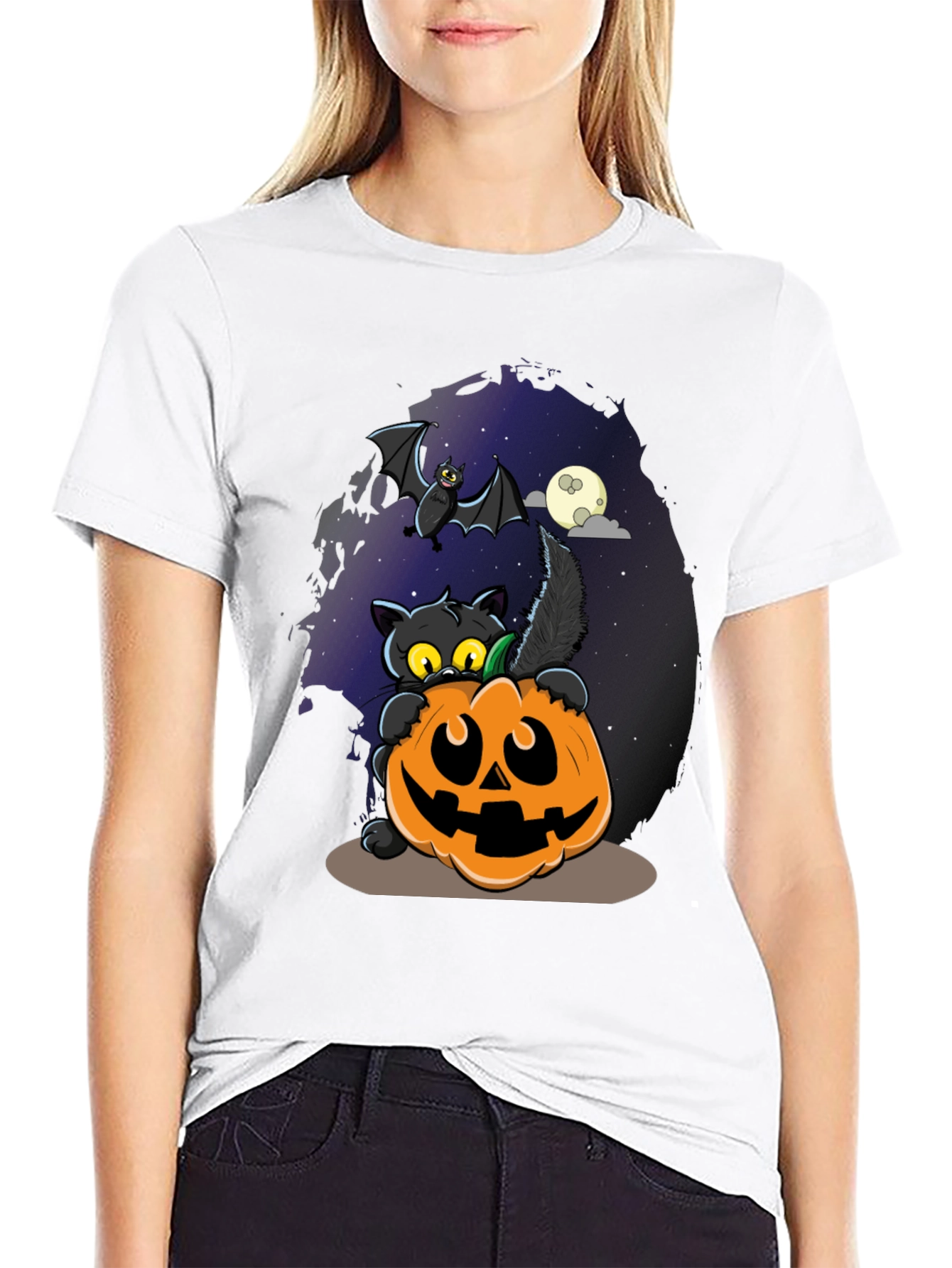 Halloween Cat & Pumpkin Graphic T-Shirt