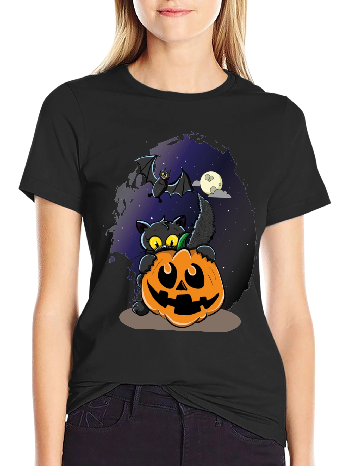 Halloween Cat & Pumpkin Graphic T-Shirt