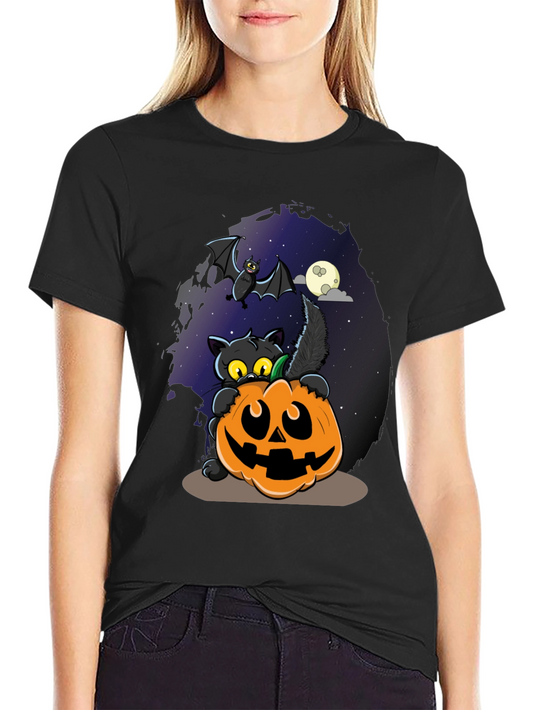 Halloween Cat & Pumpkin Graphic T-Shirt