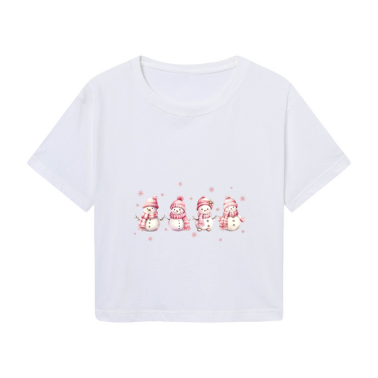 Soft Pastel Pink Snowman Winter Cute Women Crop T?Shirt