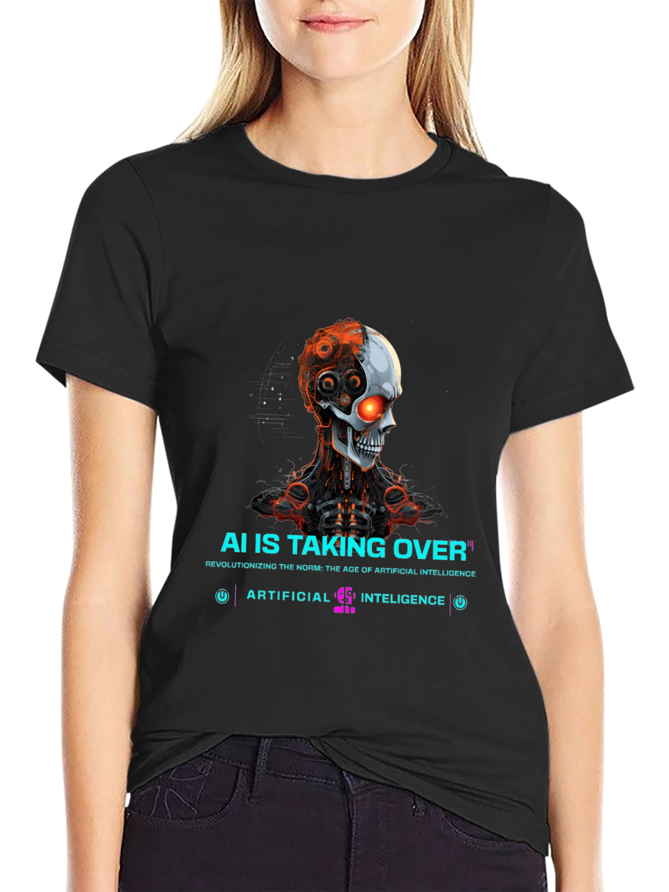 AI Overlord T-Shirt - Futuristic Robot Skull Design