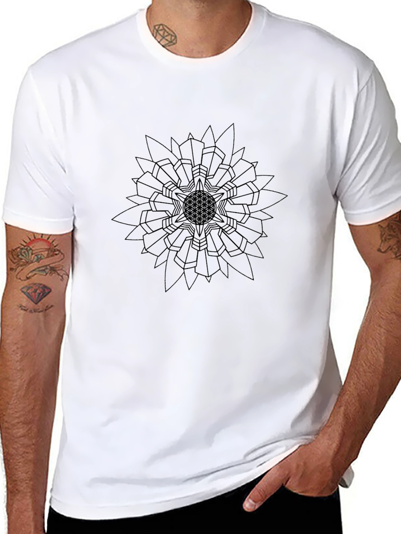 Geometric Flower of Life Black T-Shirt