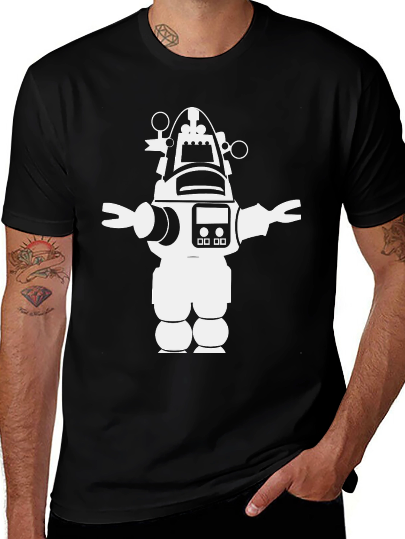 Retro Robot Graphic Tee - Black Cotton T-Shirt