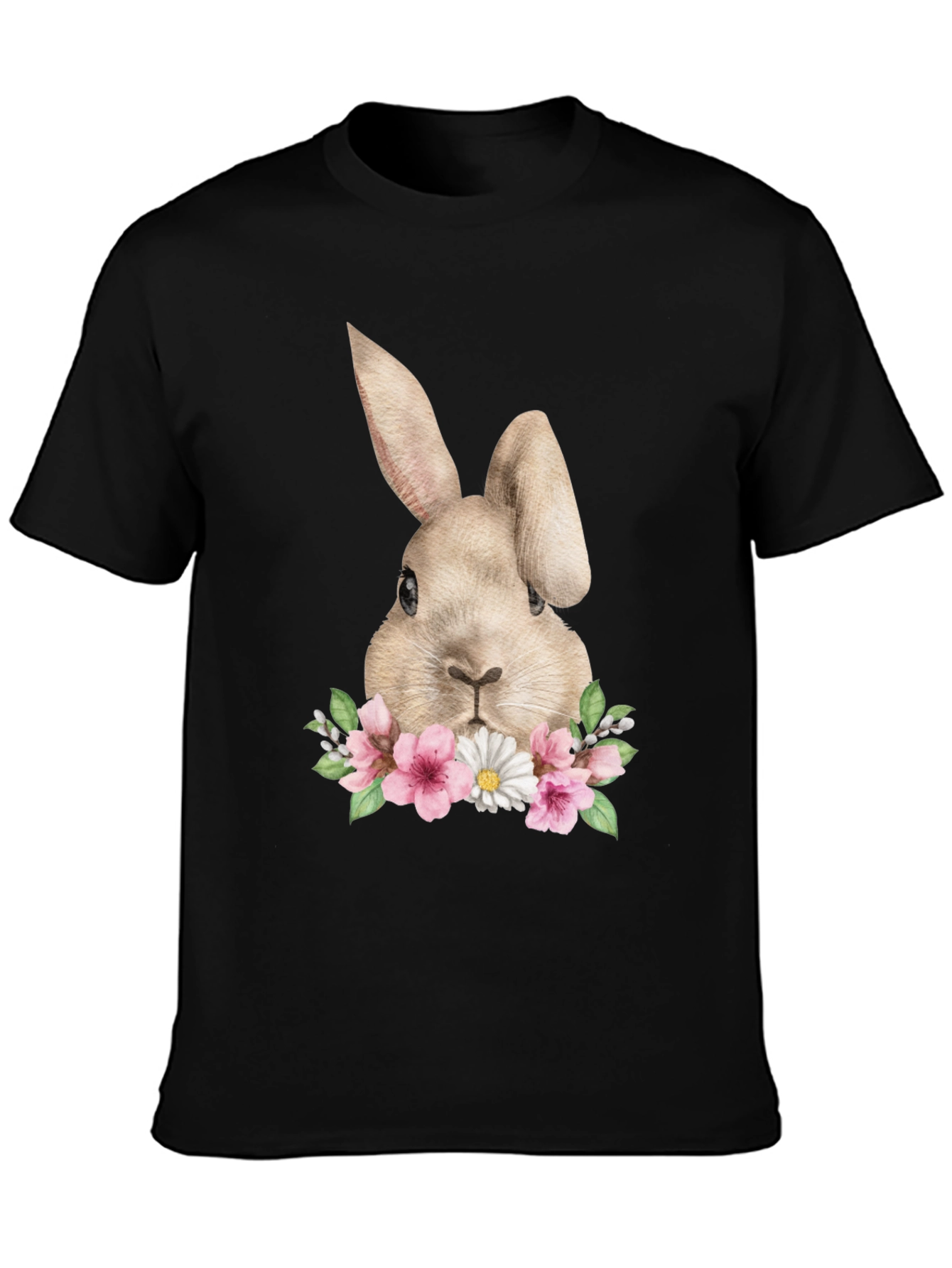 Floral Bunny Graphic Tee - Soft Black Cotton