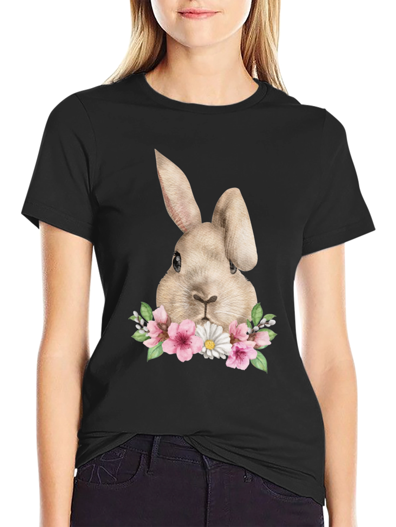 Floral Bunny Graphic Tee - Soft Black Cotton