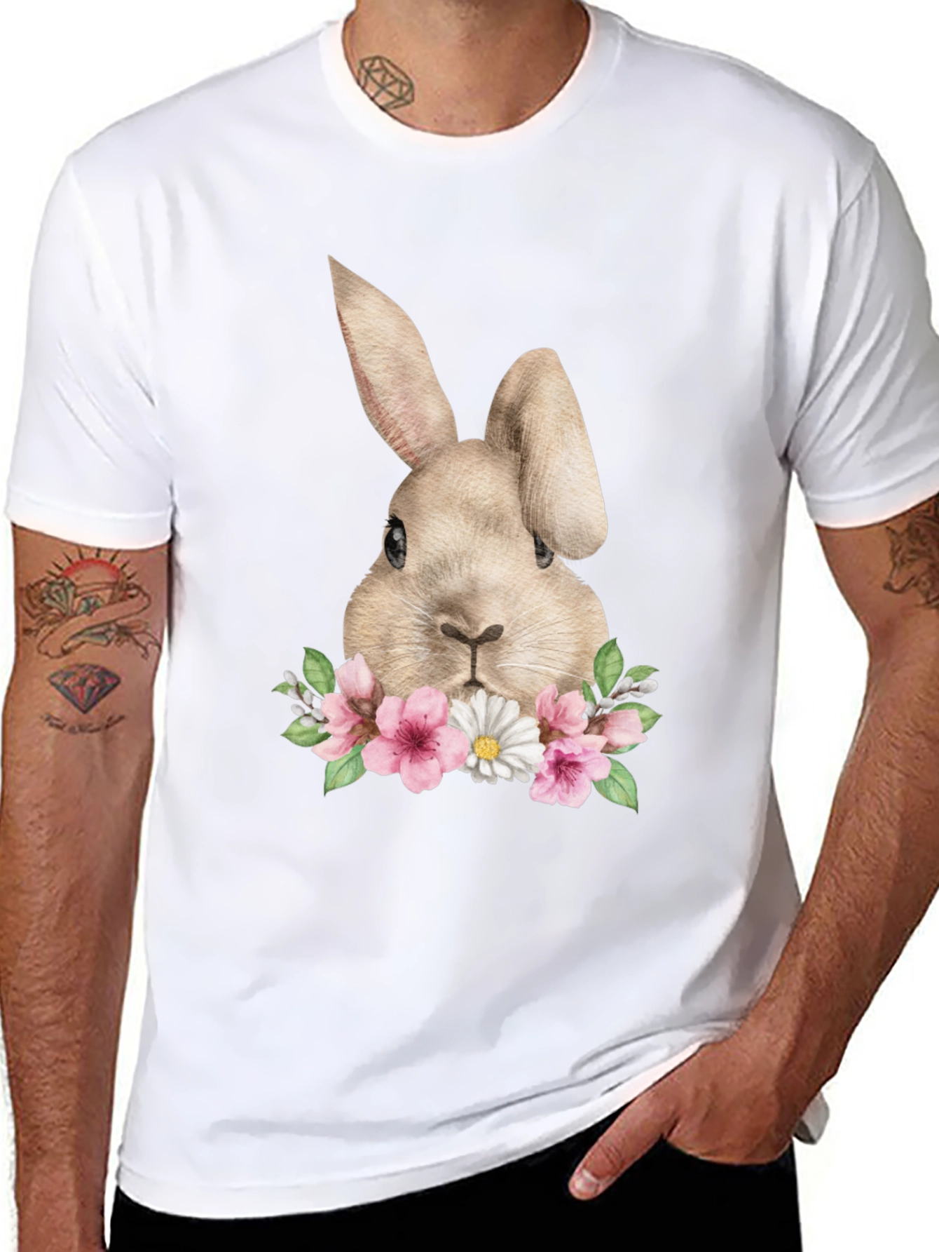 Floral Bunny Graphic Tee - Soft Black Cotton