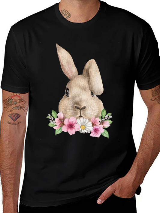 Floral Bunny Graphic Tee - Soft Black Cotton