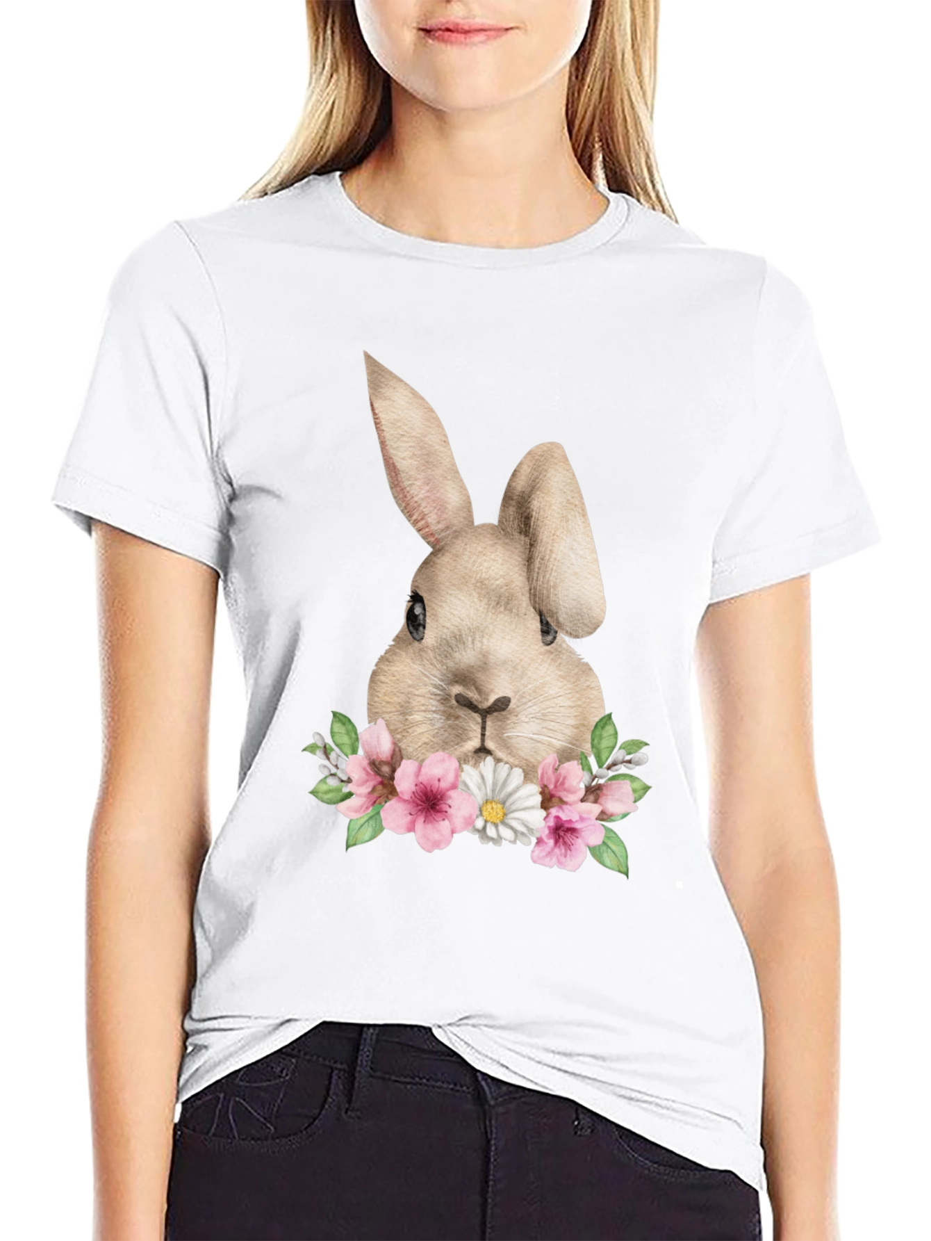 Floral Bunny Graphic Tee - Soft Black Cotton