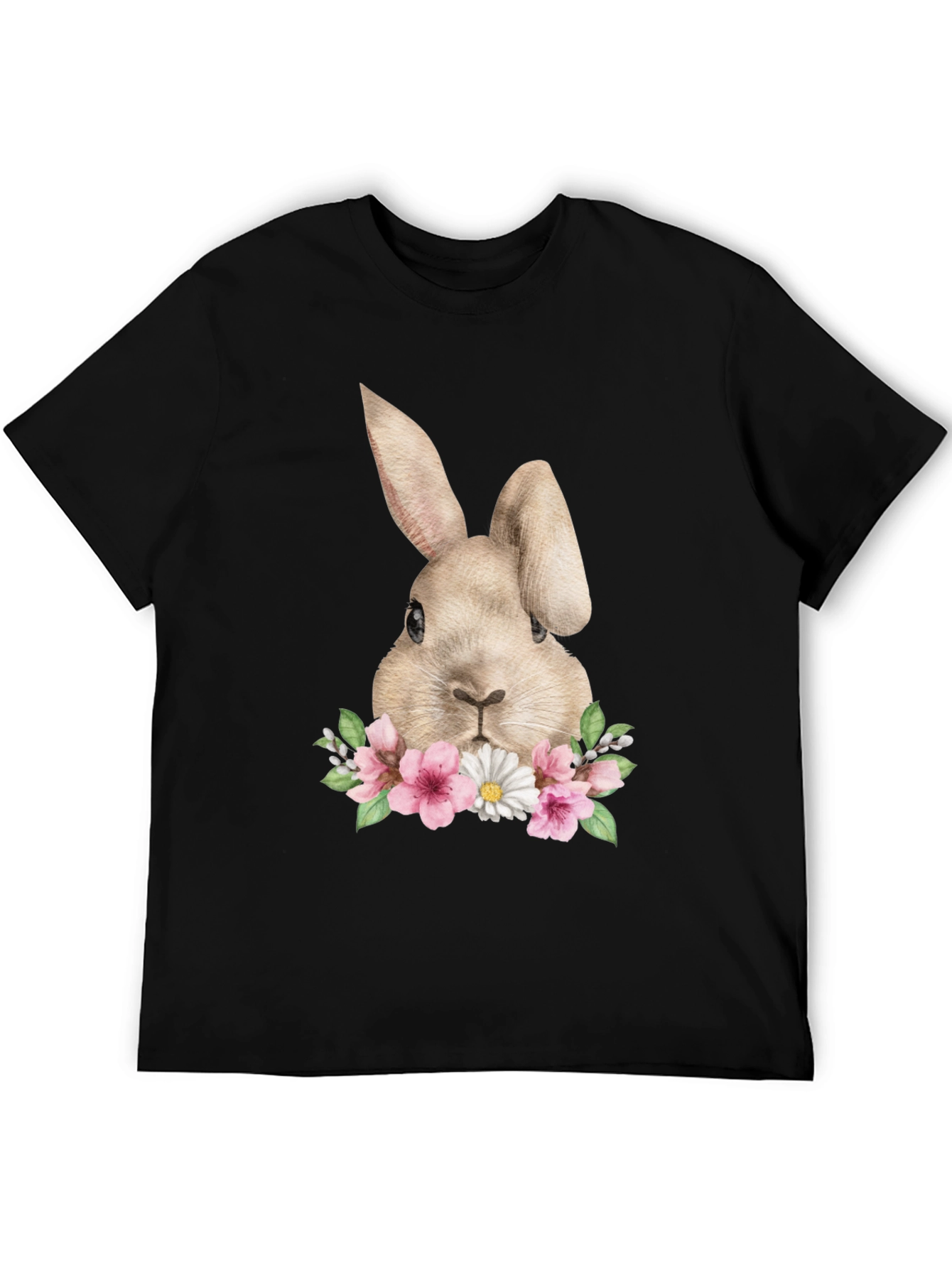 Floral Bunny Graphic Tee - Soft Black Cotton