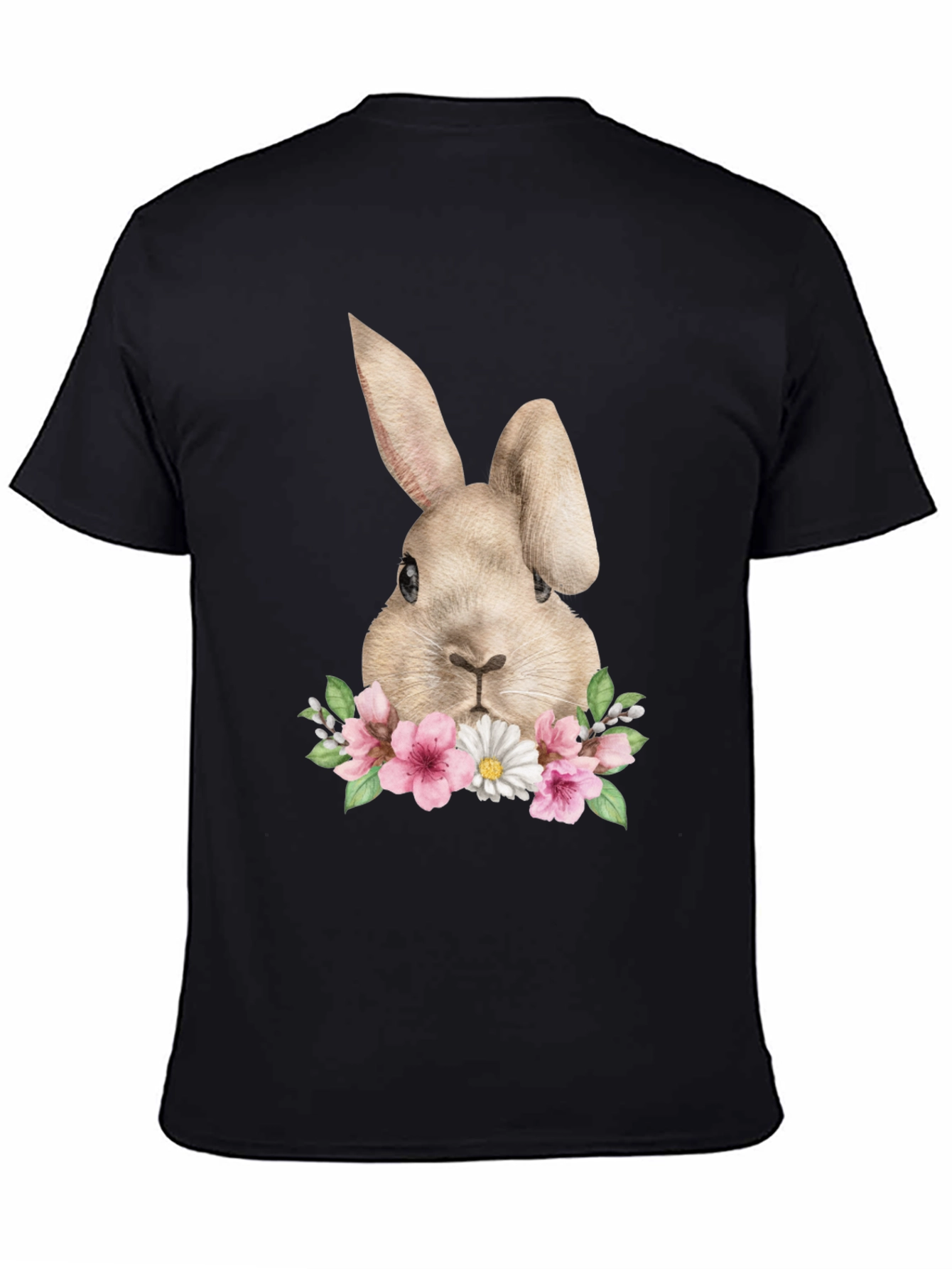 Floral Bunny Graphic Tee - Soft Black Cotton