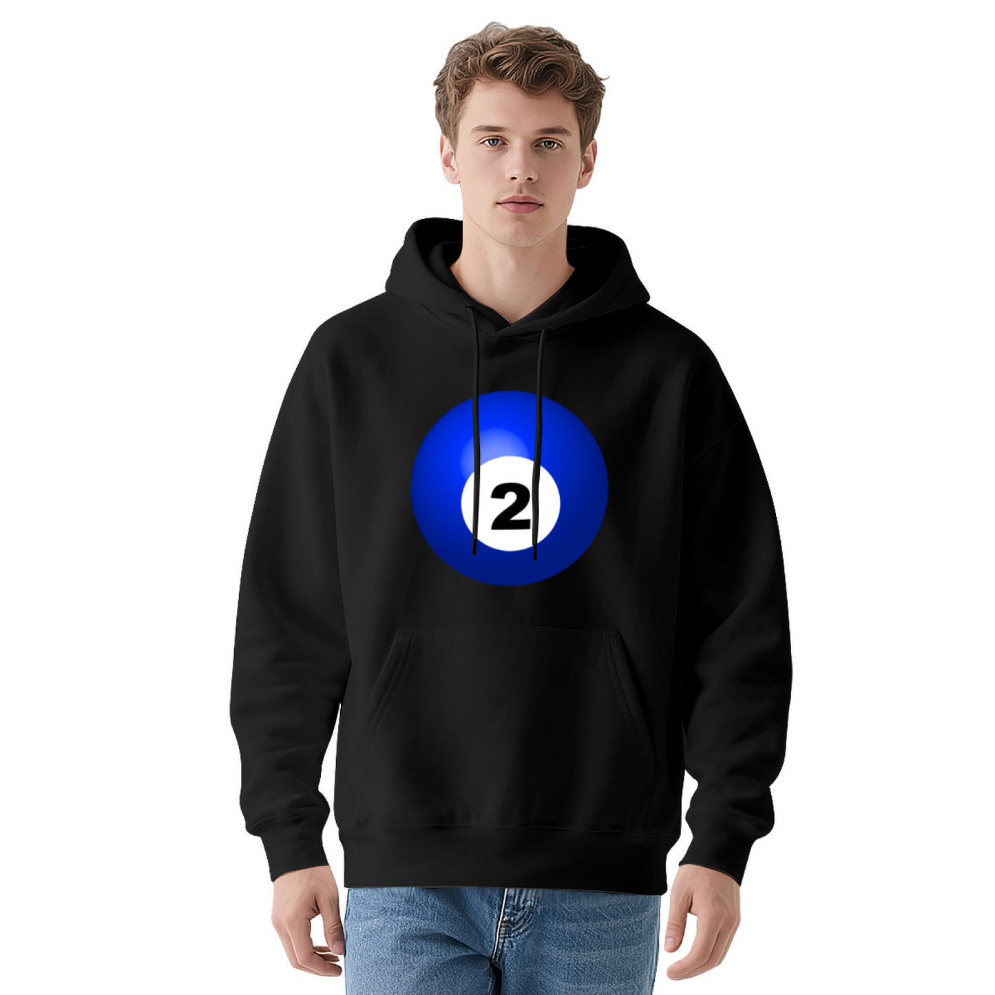 Bold Blue No.2 Billiard Ball Graphic Black Hoodie, Unisex Casual Comfort Sweatshirt