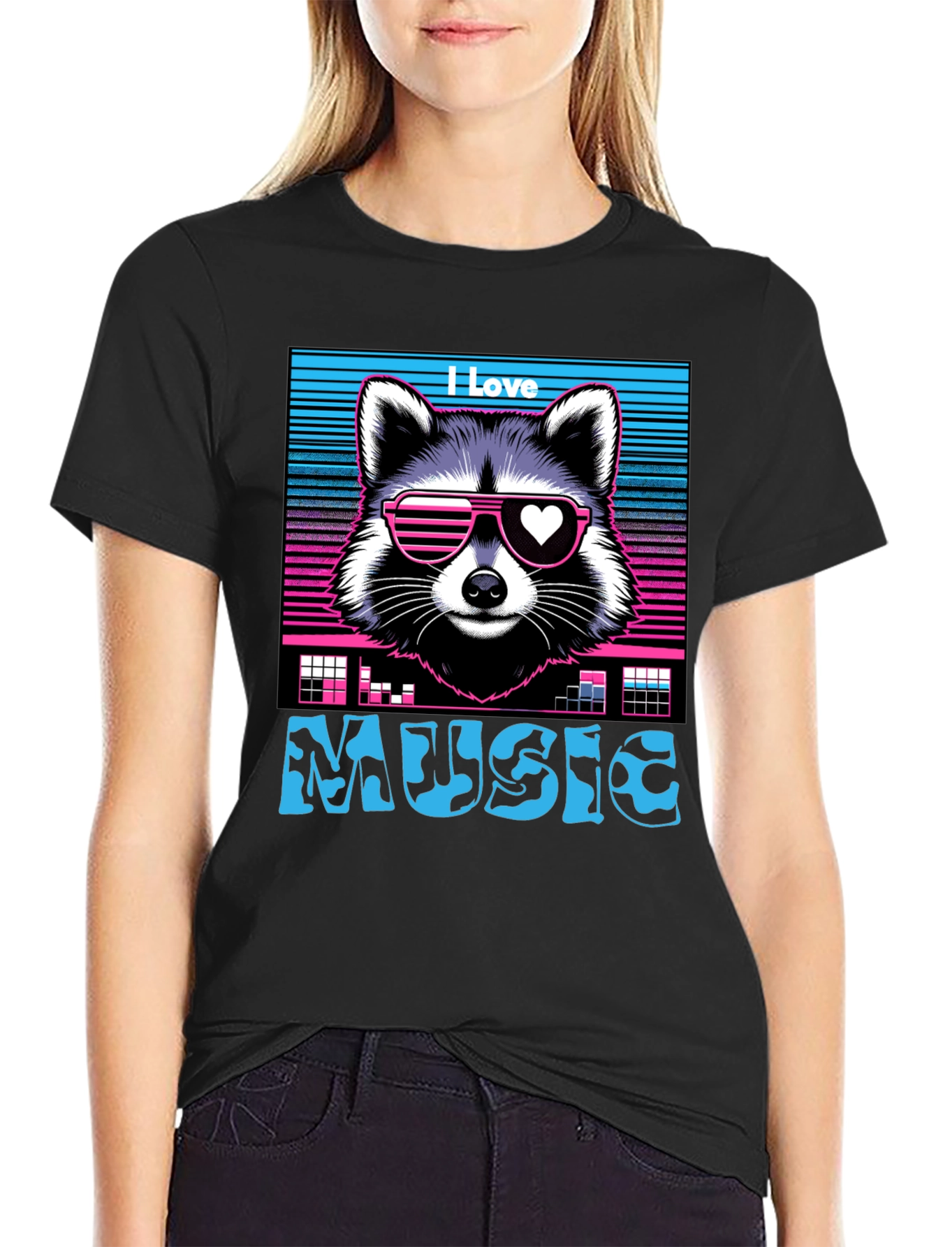 I Love Music Raccoon T-Shirt - Retro 80s Style