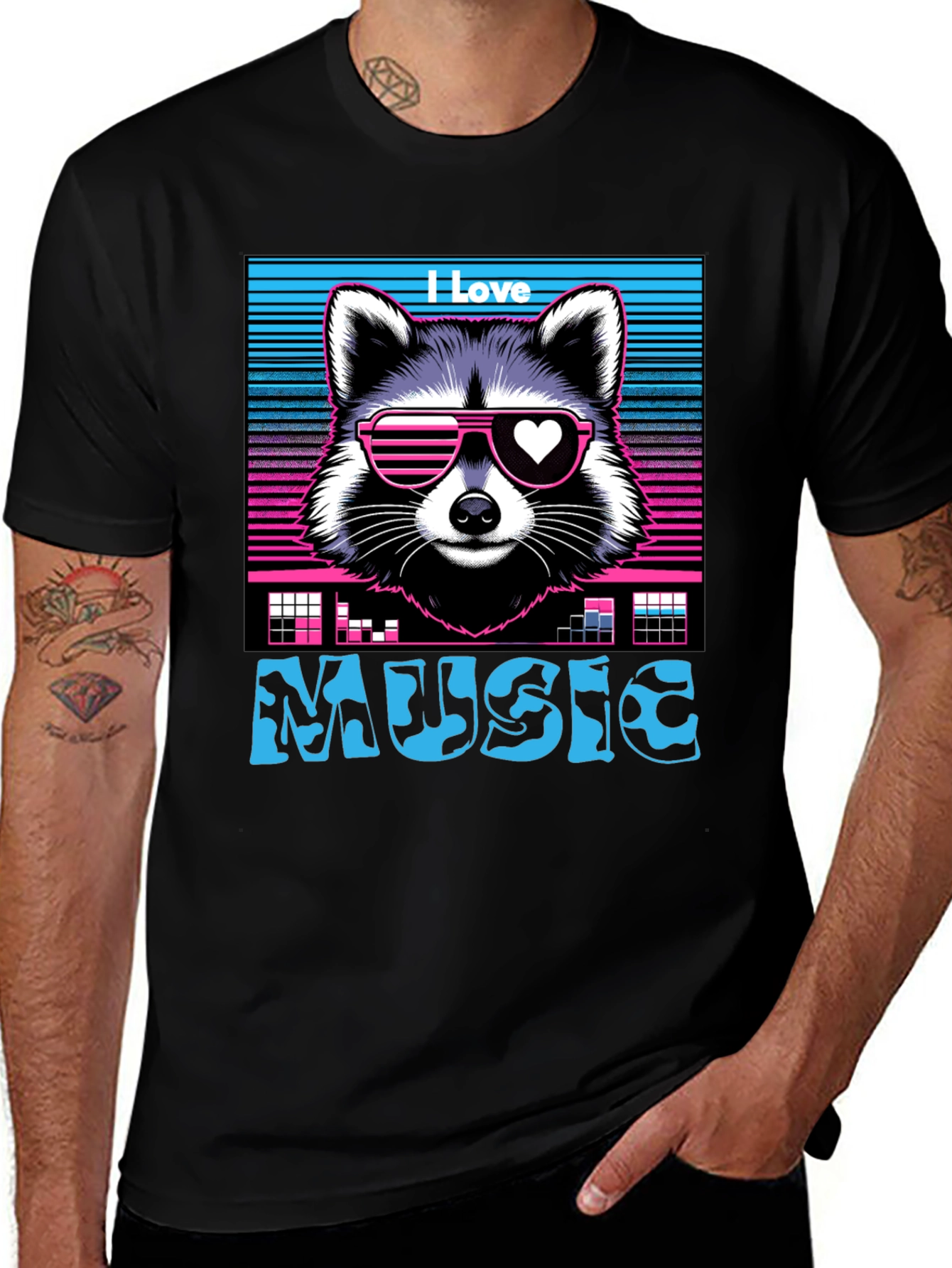 I Love Music Raccoon T-Shirt - Retro 80s Style