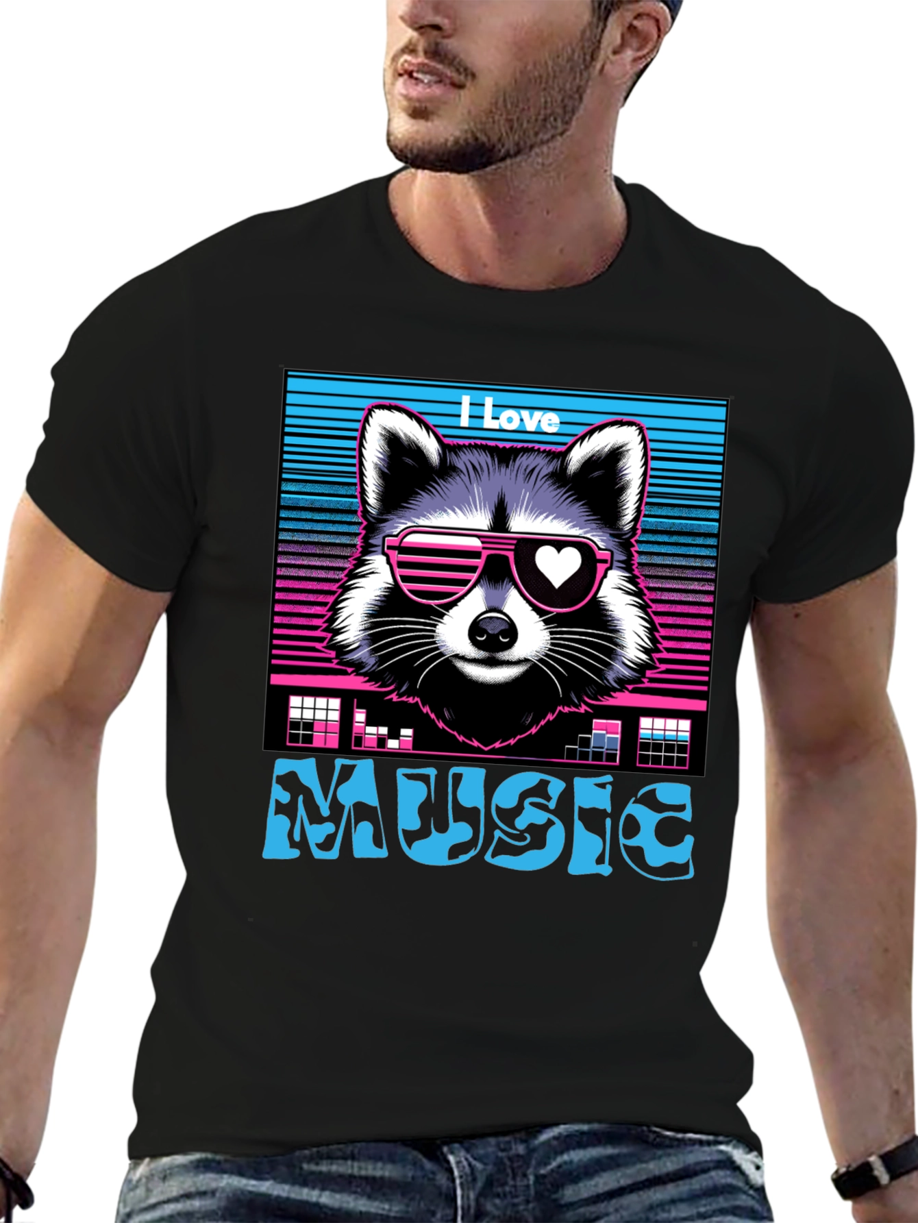 I Love Music Raccoon T-Shirt - Retro 80s Style