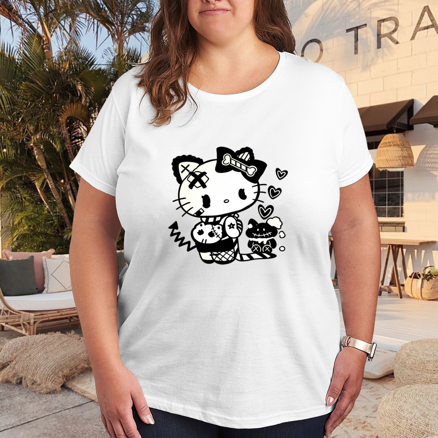 Punk Patchwork Hello Kitty Dark Aesthetic Plus?Size T?Shirt