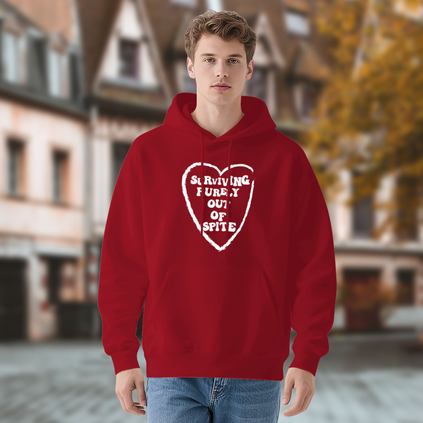 Surviving Purely Out Of Spite Heart Print Hoodie, Comfy Red Casual Hoodie