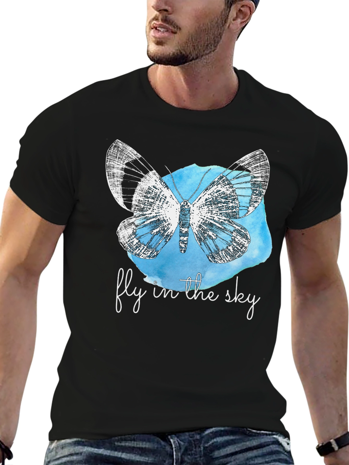 Fly in the Sky Butterfly Graphic T-Shirt - Black