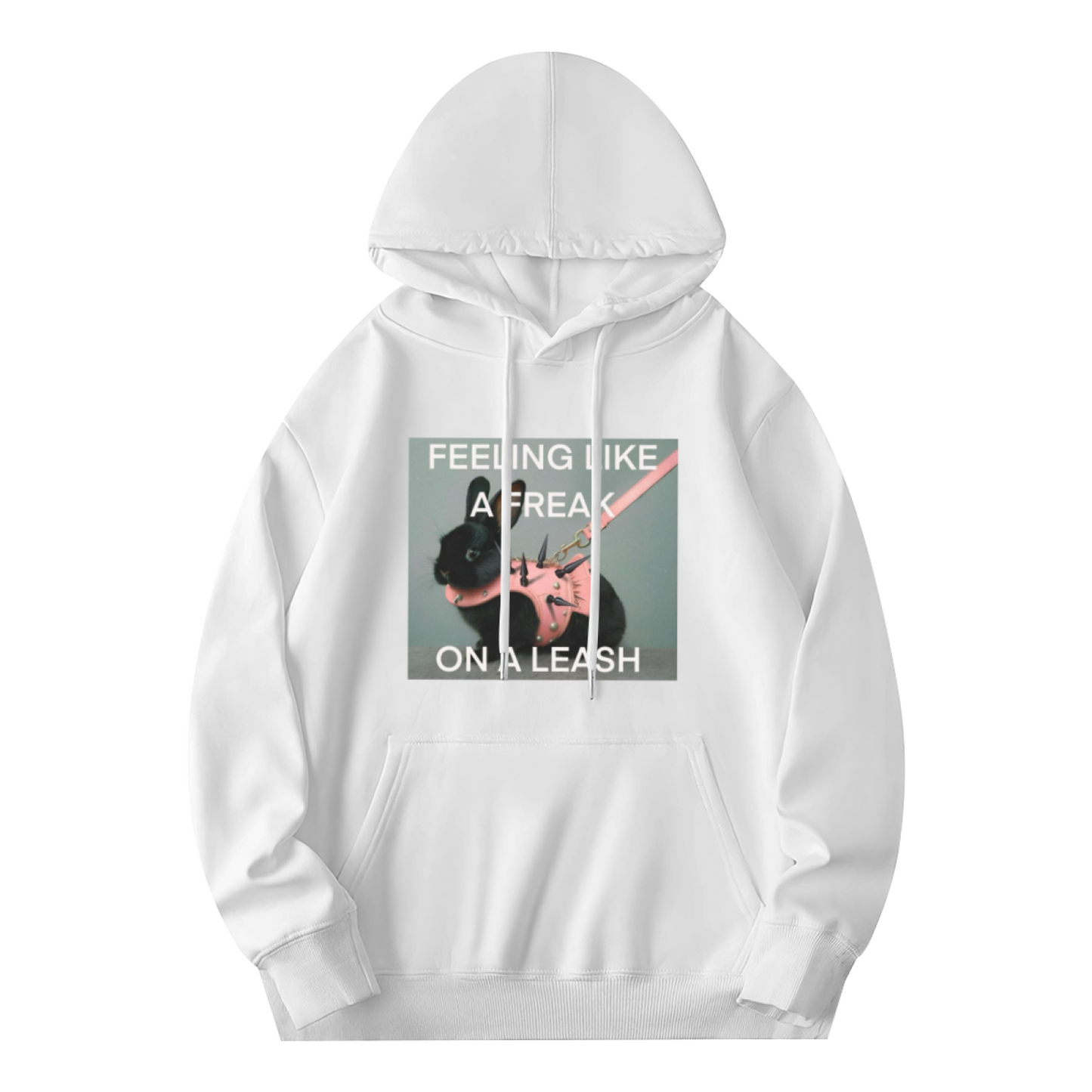 Punk Black Bunny With Leash White Hoodie, Trendy Meme Graphic Comfort Hoodie