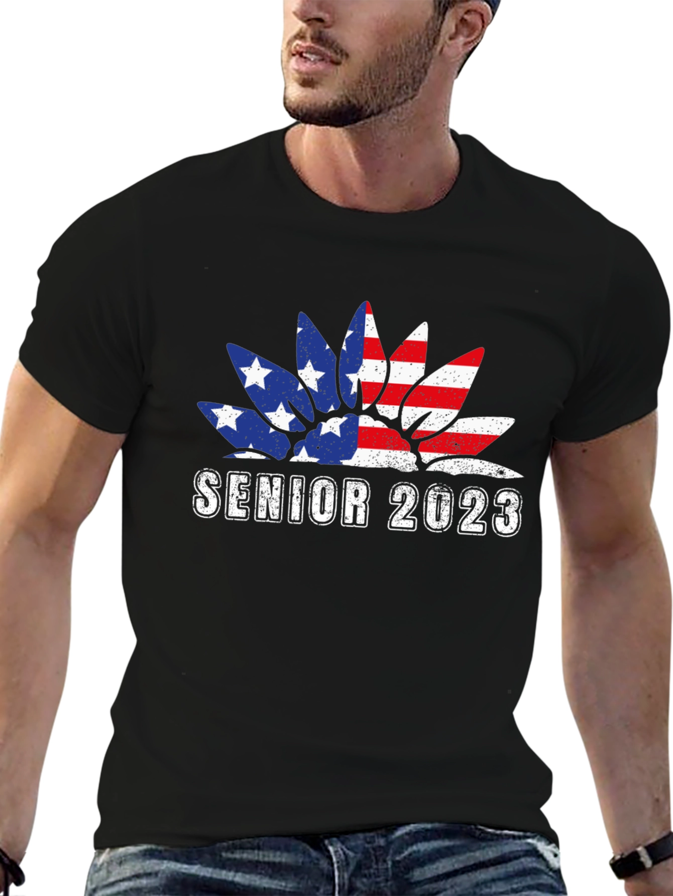 Senior 2023 USA Flag Sunflower Graphic T-Shirt