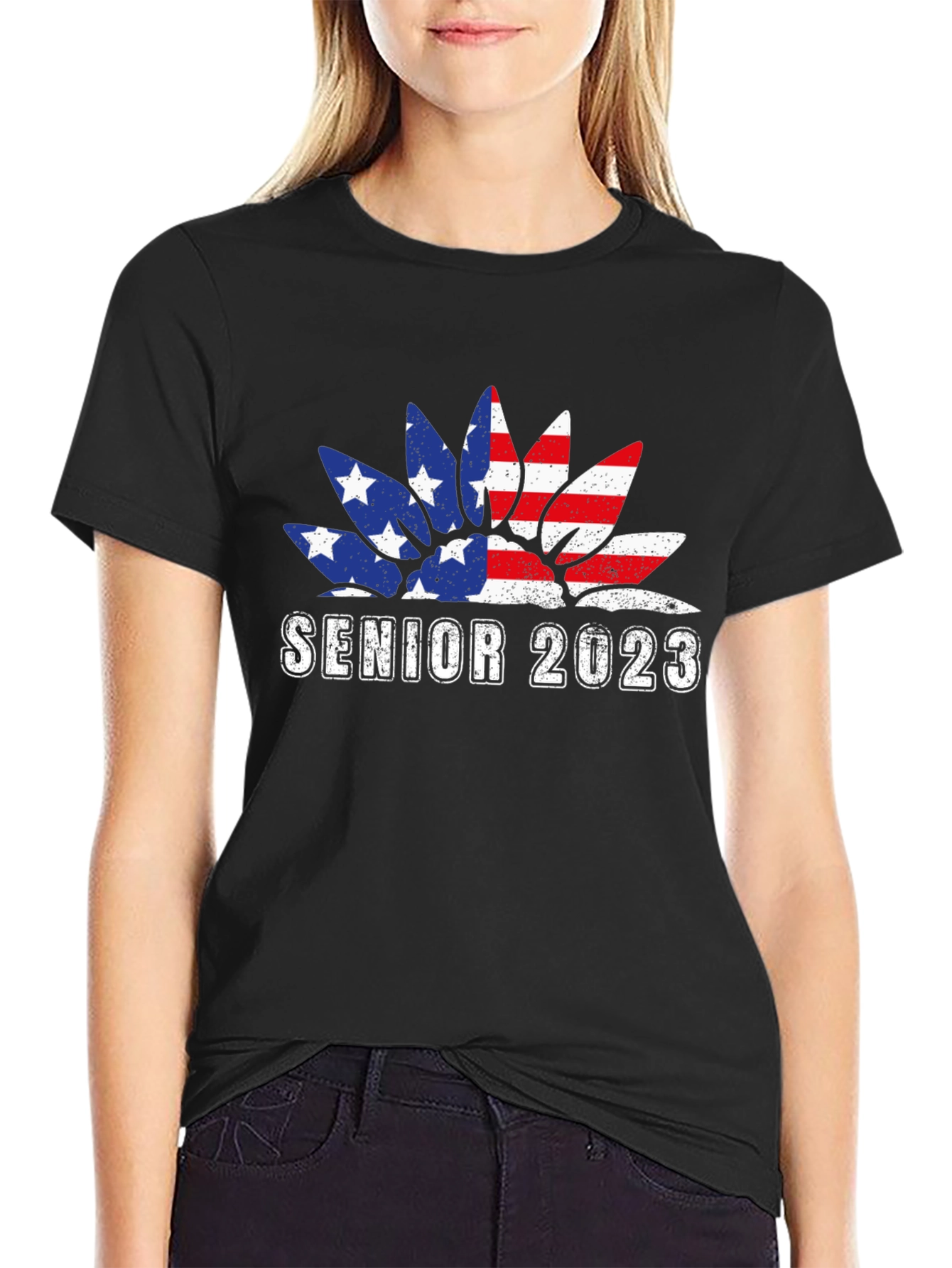Senior 2023 USA Flag Sunflower Graphic T-Shirt