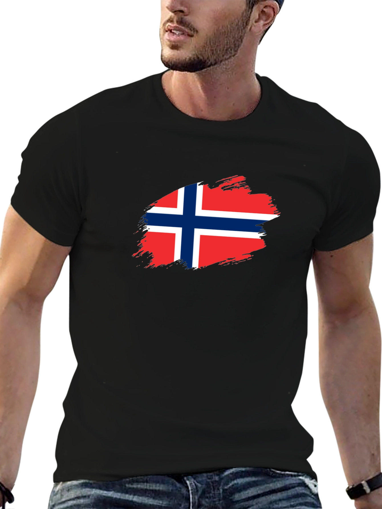 Norway Flag Brushstroke Mens Black T-Shirt