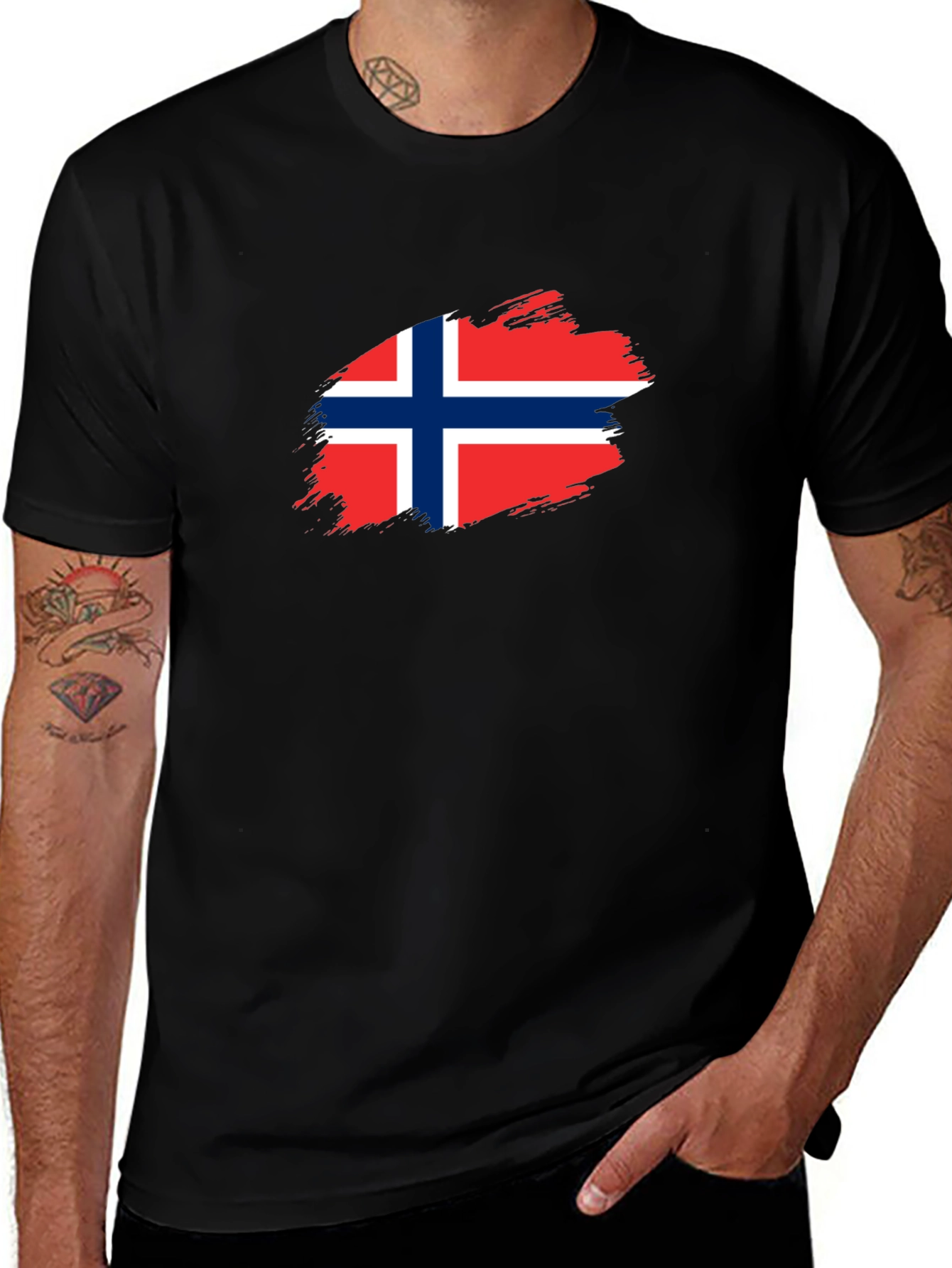Norway Flag Brushstroke Mens Black T-Shirt