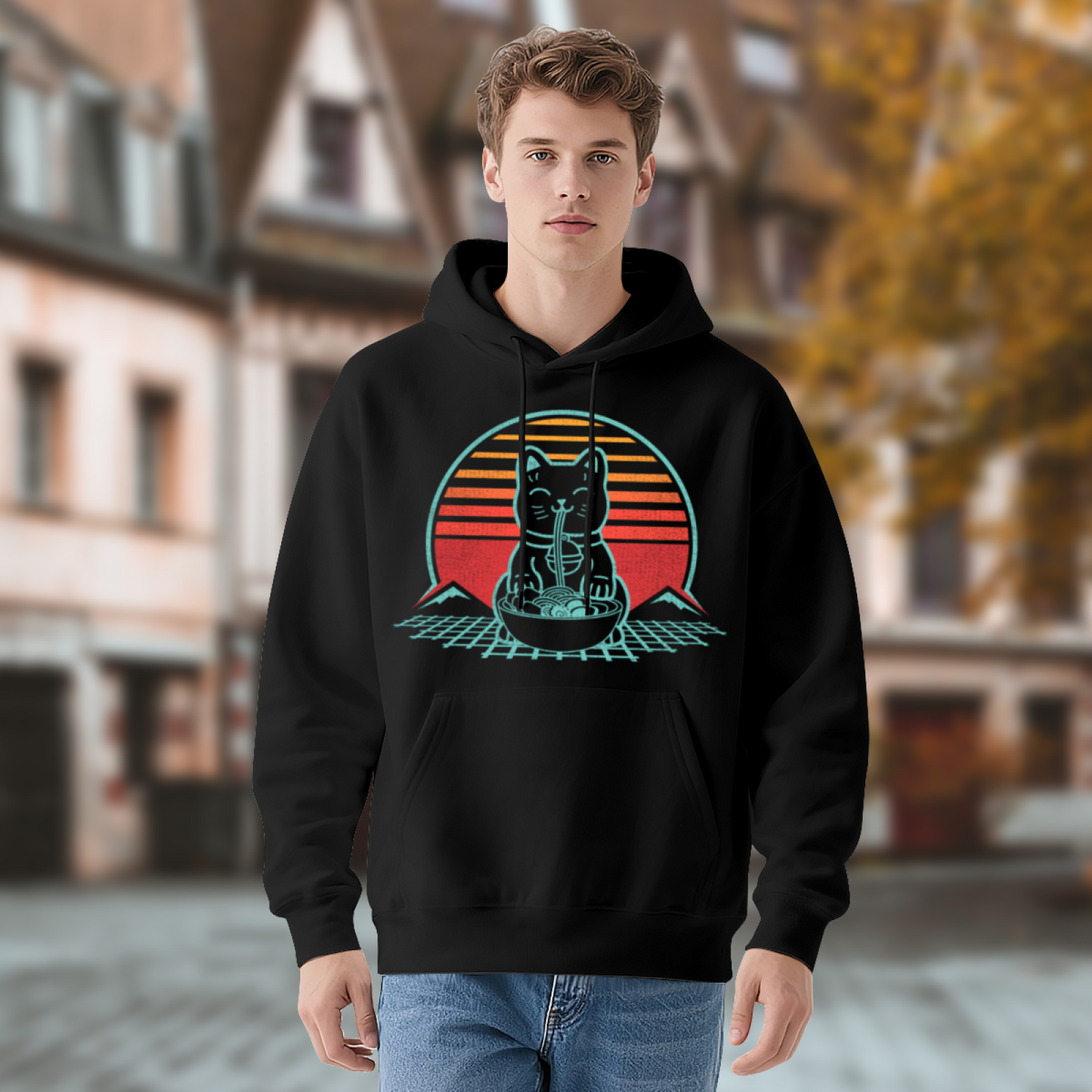 Retro Ramen Cat Sunset Graphic Hoodie, Cozy Street Comfort