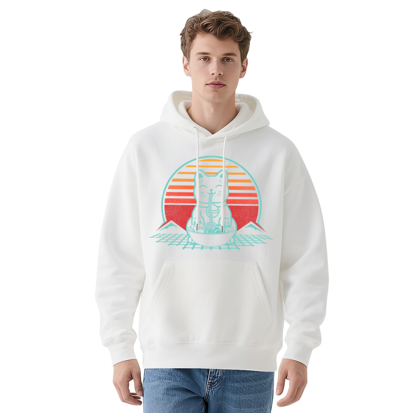 Retro Ramen Cat Sunset Graphic Hoodie, Cozy Street Comfort