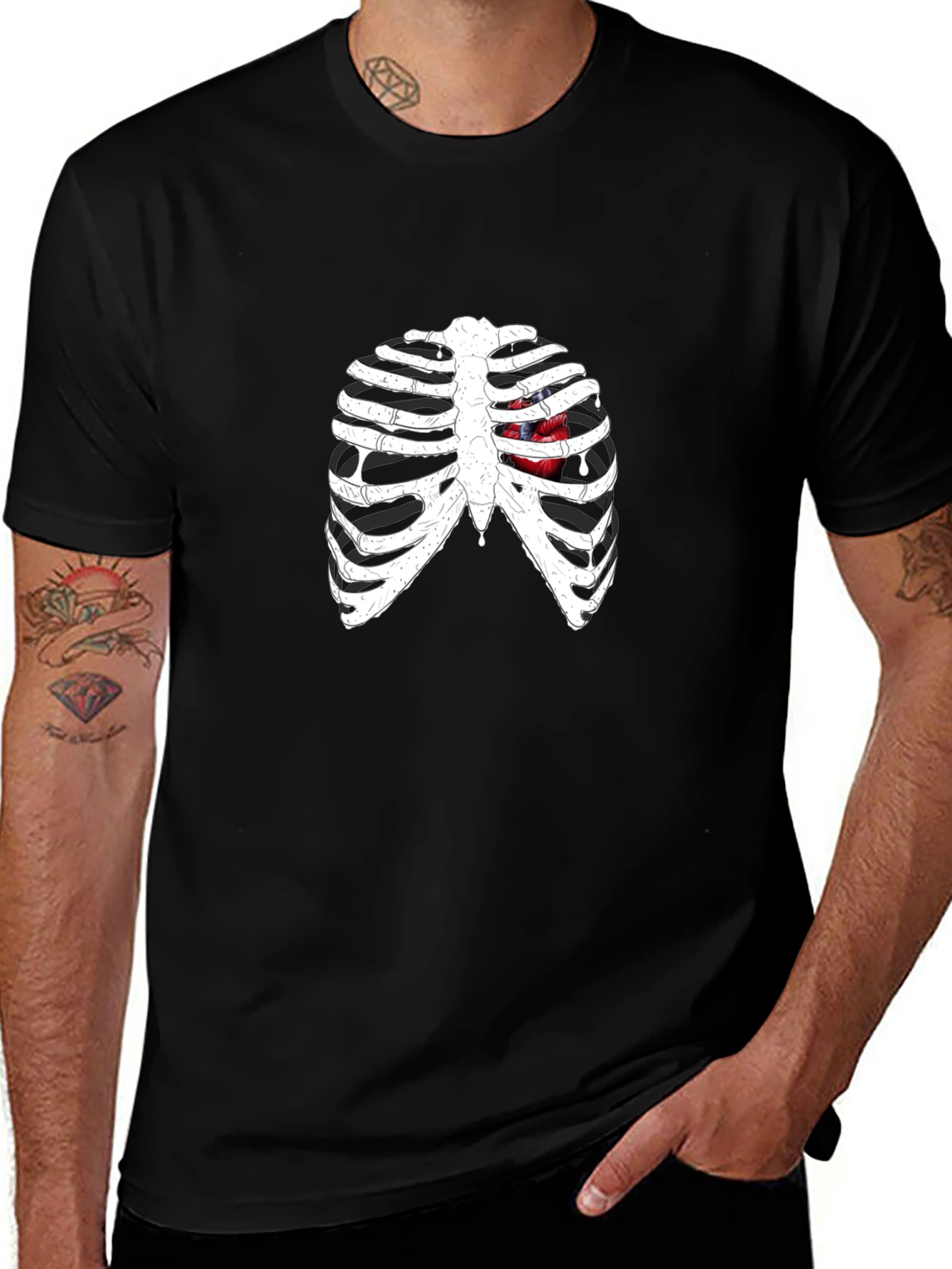 Rib Cage Heart Graphic Black T-Shirt