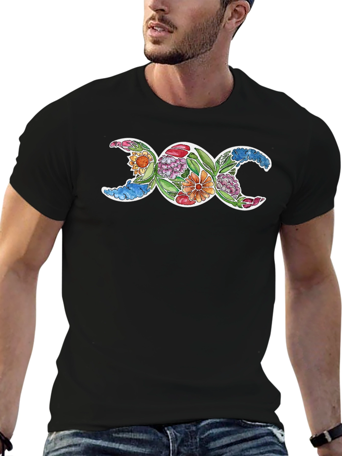 Triple Moon Goddess Floral T-Shirt - Black